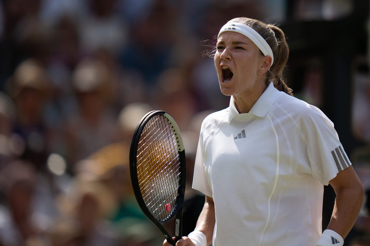 Jul 9, 2026; London, United Kingdom; Karolina Muchova of the Czech Republic reacts during her match against Coco Gauff of the United States on day 11 at All England Lawn Tennis and Croquet Club. Mandatory Credit: Susan Mullane-Imagn Images