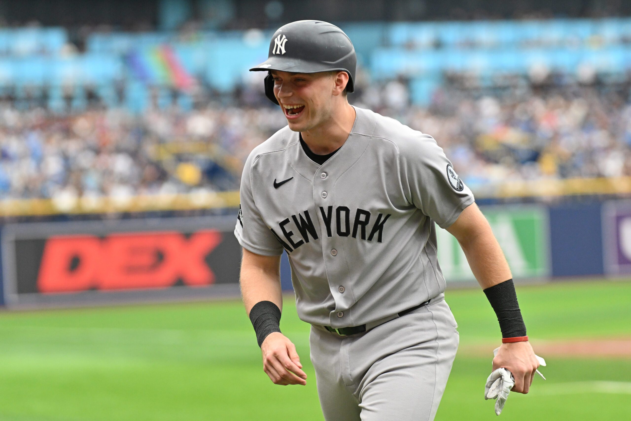 Jul 9, 2026; St. Petersburg, Florida, USA; New York Yankees designated hitter Ben Rice (22) reacts after hitting a two run home run in the third inning against the Tampa Bay Rays  at Tropicana Field. Mandatory Credit: Jonathan Dyer-Imagn Images