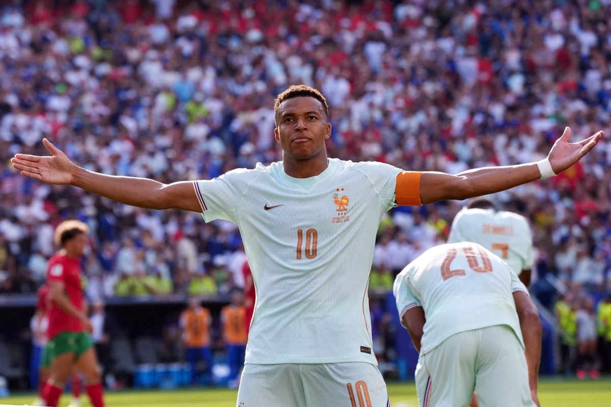 July 9, 2026; Foxborough, Massachusetts, U.S.; France's Kylian Mbappe celebrates scoring their first goal.  Mandatory Credit: David Butler Ii-Imagn Images