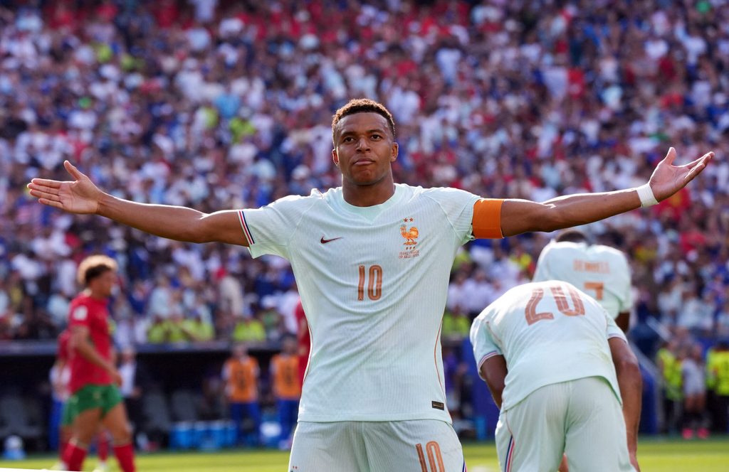 July 9, 2026; Foxborough, Massachusetts, U.S.; France's Kylian Mbappe celebrates scoring their first goal. Mandatory Credit: David Butler Ii-Imagn Images