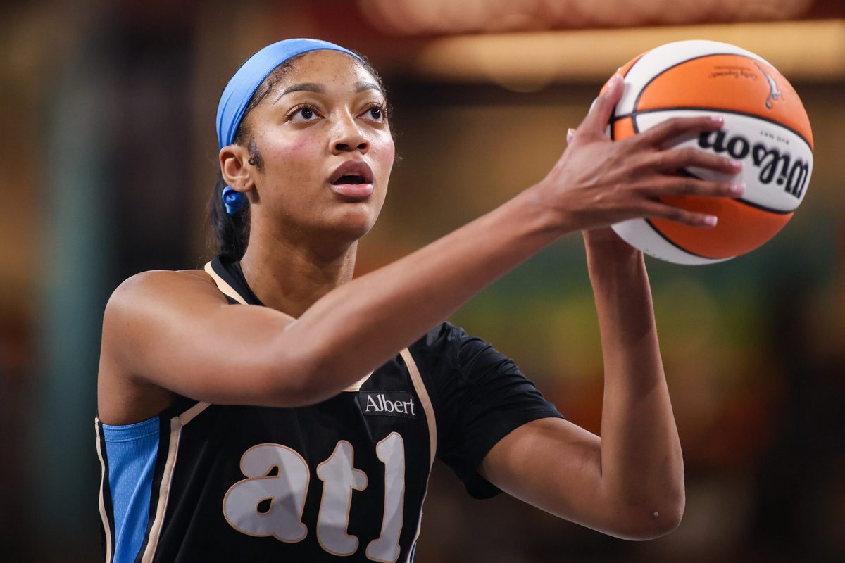 Jul 9, 2026; College Park, Georgia, USA; Atlanta Dream forward Angel Reese (5) shoots a free throw against the Seattle Storm in the first quarter at Gateway Center Arena at College Park. Mandatory Credit: Brett Davis-Imagn Images