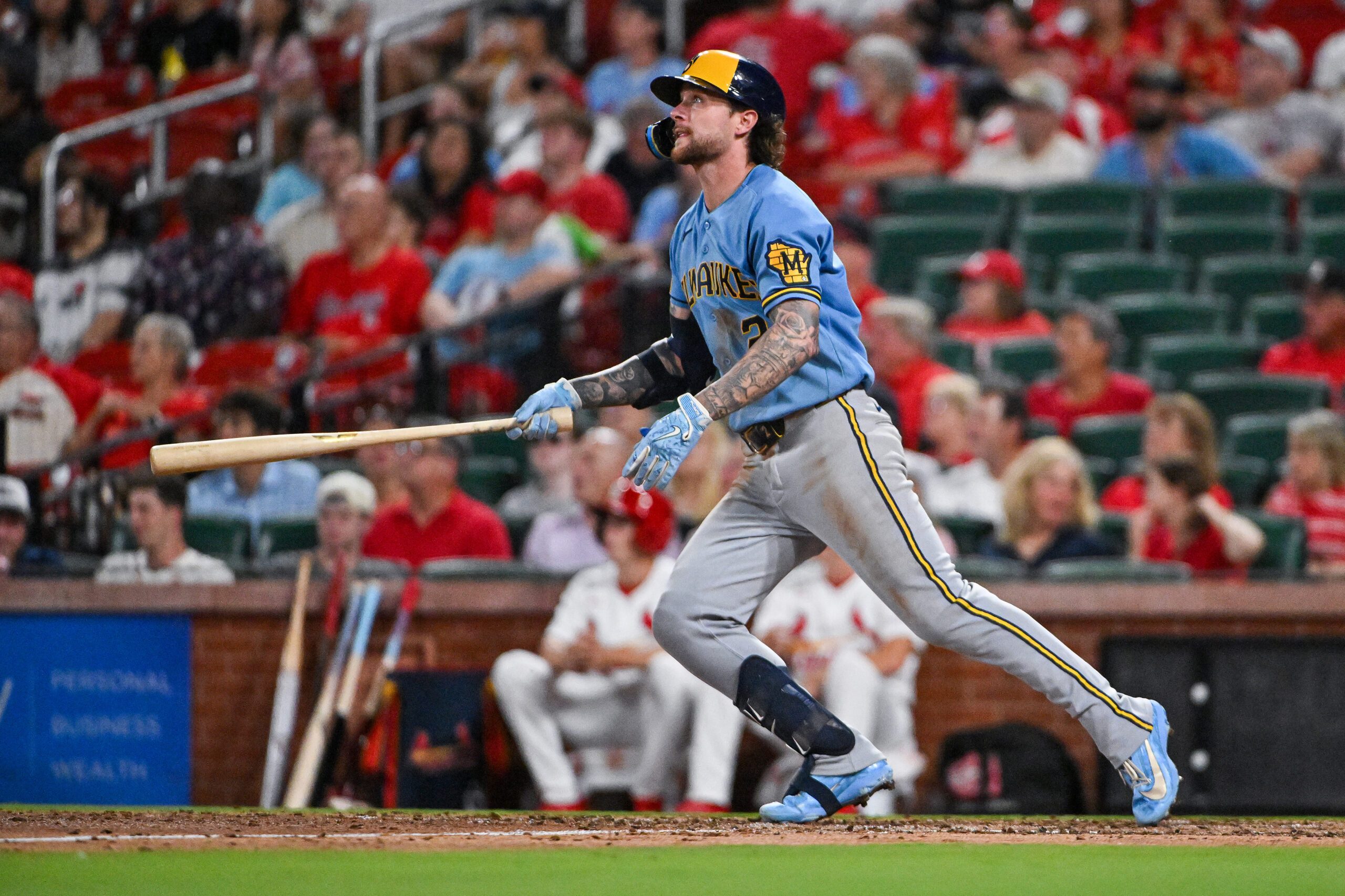 Jul 9, 2026; St. Louis, Missouri, USA; Milwaukee Brewers second baseman Brice Turang (2) hits a two run home run against the St. Louis Cardinals during the seventh inning at Busch Stadium. Mandatory Credit: Jeff Curry-Imagn Images