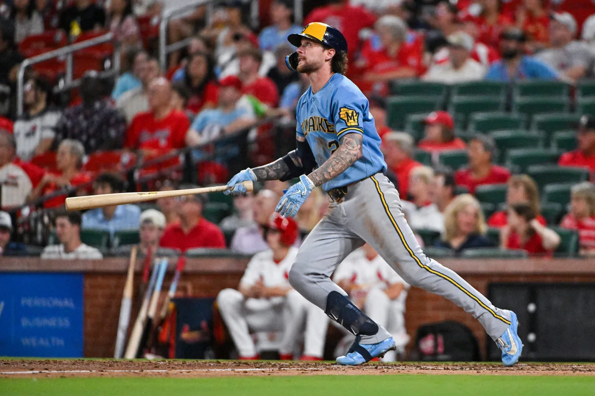 Jul 9, 2026; St. Louis, Missouri, USA; Milwaukee Brewers second baseman Brice Turang (2) hits a two run home run against the St. Louis Cardinals during the seventh inning at Busch Stadium. Mandatory Credit: Jeff Curry-Imagn Images