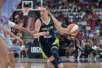 Jul 10, 2026; Montreal, Quebec, CAN; Dallas Wings guard Paige Bueckers (5) against the Toronto Tempo in the first half at the Bell Centre. Mandatory Credit: Eric Bolte-Imagn Images