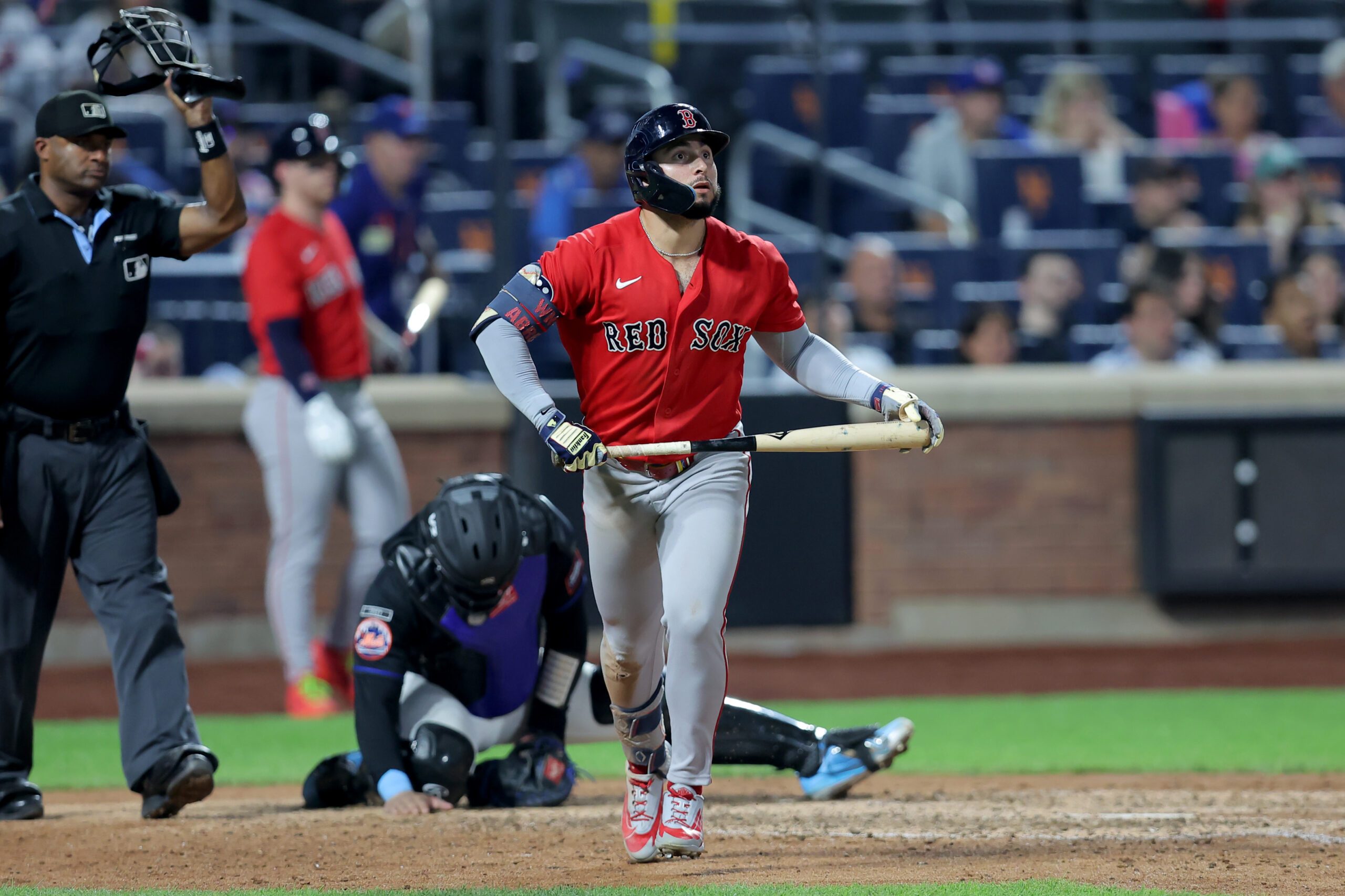 Jul 10, 2026; New York City, New York, USA; Boston Red Sox right fielder Wilyer Abreu (52) watches his two run home run against the New York Mets during the ninth inning at Citi Field. Mandatory Credit: Brad Penner-Imagn Images