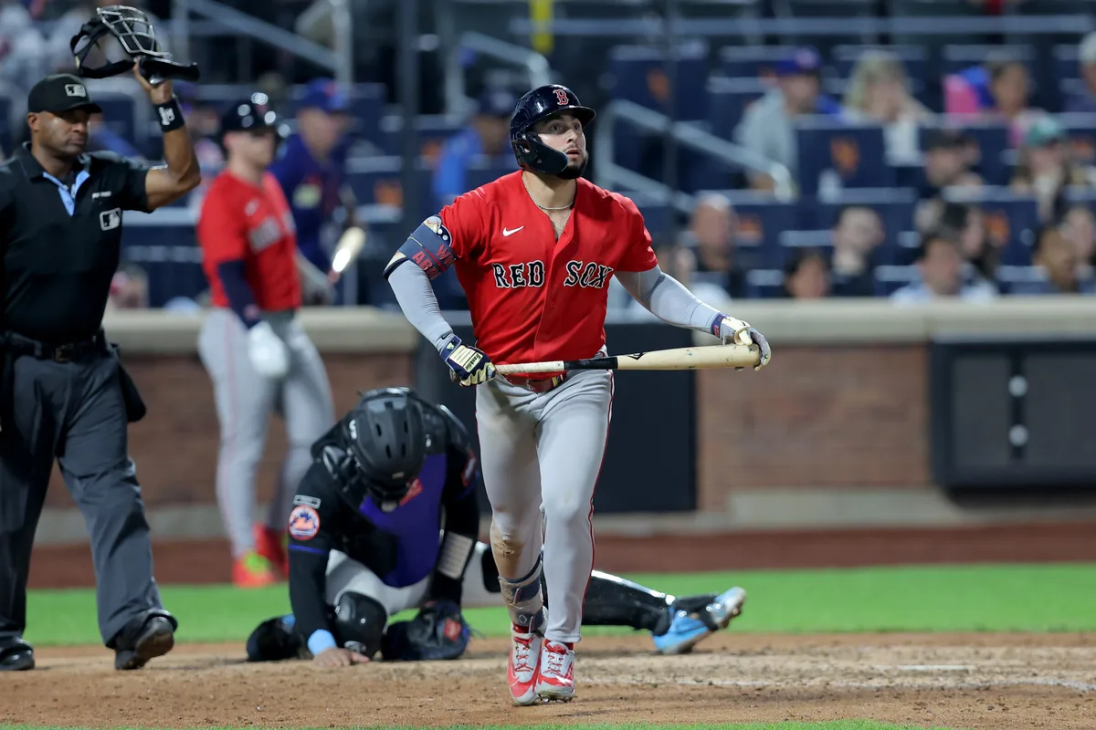 Jul 10, 2026; New York City, New York, USA; Boston Red Sox right fielder Wilyer Abreu (52) watches his two run home run against the New York Mets during the ninth inning at Citi Field. Mandatory Credit: Brad Penner-Imagn Images