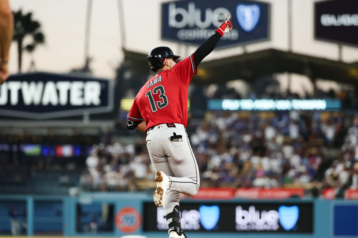 Jul 2, 2026; Los Angeles, California, USA; Arizona Diamondbacks left fielder Tim Tawa (13) round the bases after a home run at the top of the fourth inning against the Los Angeles Dodgers at Dodger Stadium. Mandatory Credit: William Navarro-Imagn Images