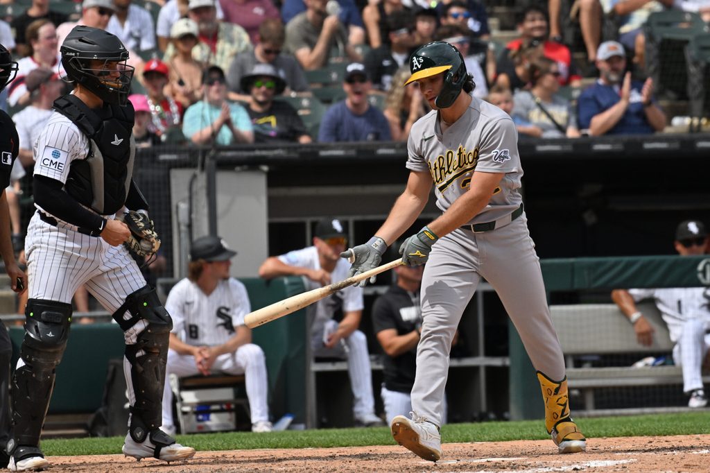 Jul 11, 2026; Chicago, Illinois, USA; Athletics outfielder Colby Thomas (32) reacts after striking out against Chicago White Sox during the ninth inning at Rate Field. Mandatory Credit: Patrick Gorski-Imagn Images