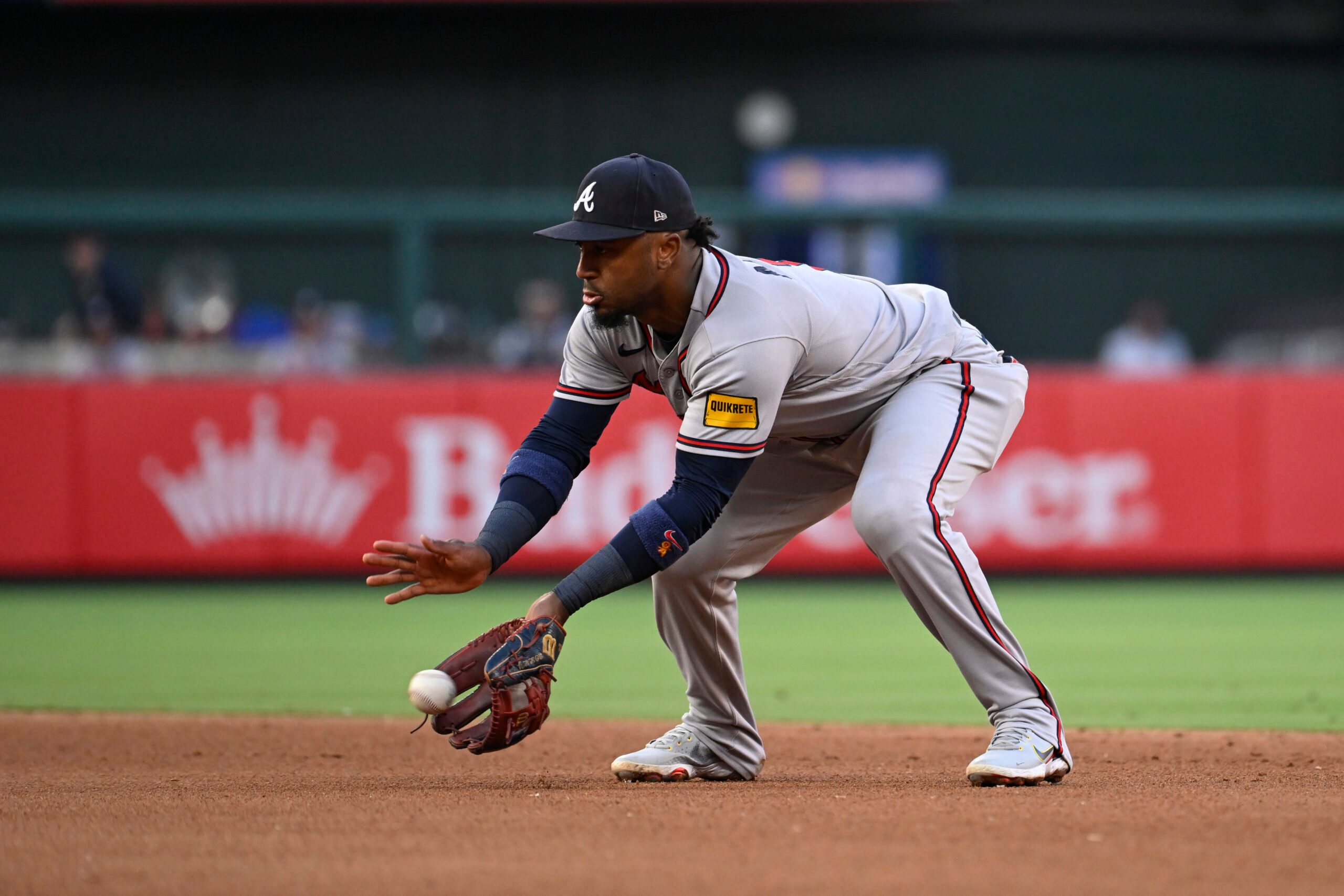 Jul 11, 2026; St. Louis, Missouri, USA; Atlanta Braves second baseman Ozzie Albies (1) fields a ground ball hit by St. Louis Cardinals center fielder Nathan Church (not pictured) in the fourth inning at Busch Stadium. Mandatory Credit: Joe Puetz-Imagn Images