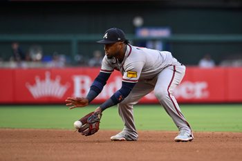 Jul 11, 2026; St. Louis, Missouri, USA; Atlanta Braves second baseman Ozzie Albies (1) fields a ground ball hit by St. Louis Cardinals center fielder Nathan Church (not pictured) in the fourth inning at Busch Stadium. Mandatory Credit: Joe Puetz-Imagn Images