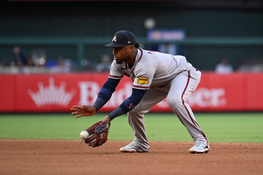 Jul 11, 2026; St. Louis, Missouri, USA; Atlanta Braves second baseman Ozzie Albies (1) fields a ground ball hit by St. Louis Cardinals center fielder Nathan Church (not pictured) in the fourth inning at Busch Stadium. Mandatory Credit: Joe Puetz-Imagn Images