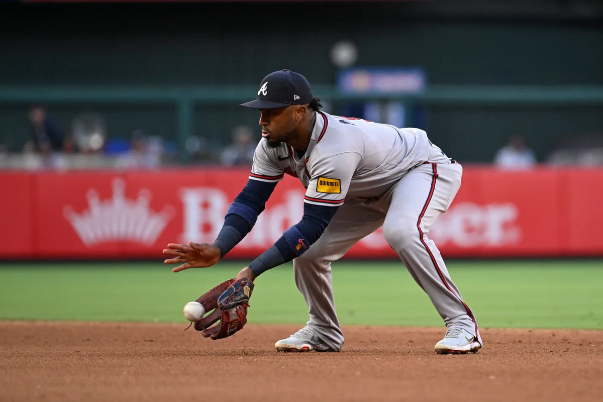 Jul 11, 2026; St. Louis, Missouri, USA; Atlanta Braves second baseman Ozzie Albies (1) fields a ground ball hit by St. Louis Cardinals center fielder Nathan Church (not pictured) in the fourth inning at Busch Stadium. Mandatory Credit: Joe Puetz-Imagn Images
