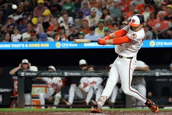 Jul 11, 2026; Baltimore, Maryland, USA; Baltimore Orioles shortstop Gunnar Henderson (2) hits a home run during the eighth inning against the Kansas City Royals at Oriole Park at Camden Yards. Mandatory Credit: Daniel Kucin Jr.-Imagn Images