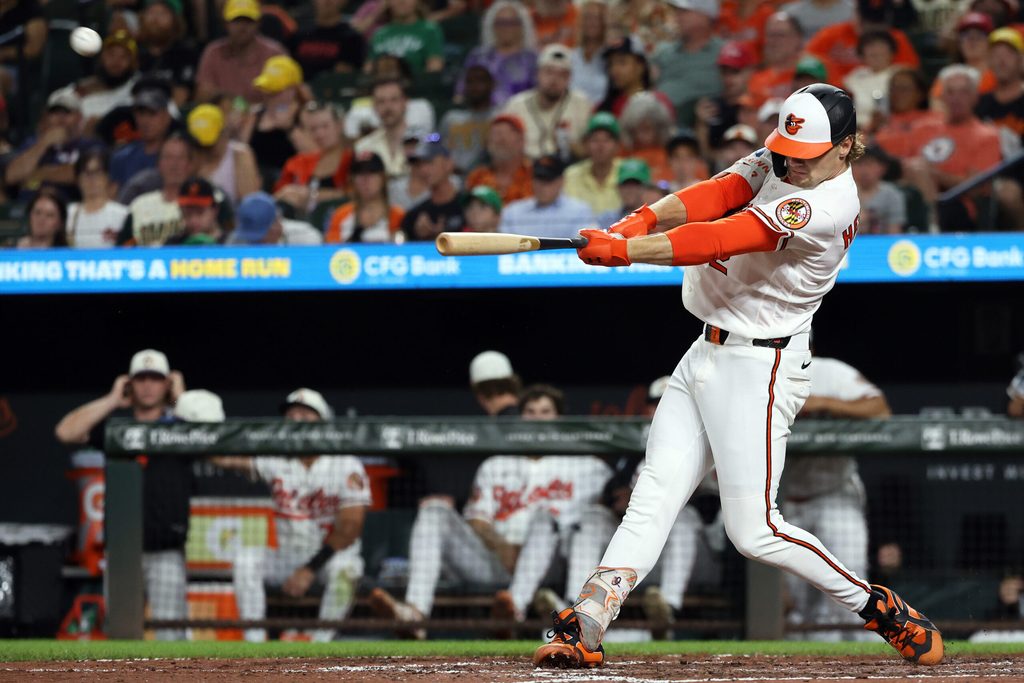 Jul 11, 2026; Baltimore, Maryland, USA; Baltimore Orioles shortstop Gunnar Henderson (2) hits a home run during the eighth inning against the Kansas City Royals at Oriole Park at Camden Yards. Mandatory Credit: Daniel Kucin Jr.-Imagn Images