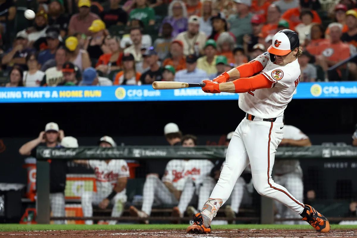 Jul 11, 2026; Baltimore, Maryland, USA; Baltimore Orioles shortstop Gunnar Henderson (2) hits a home run during the eighth inning against the Kansas City Royals at Oriole Park at Camden Yards. Mandatory Credit: Daniel Kucin Jr.-Imagn Images