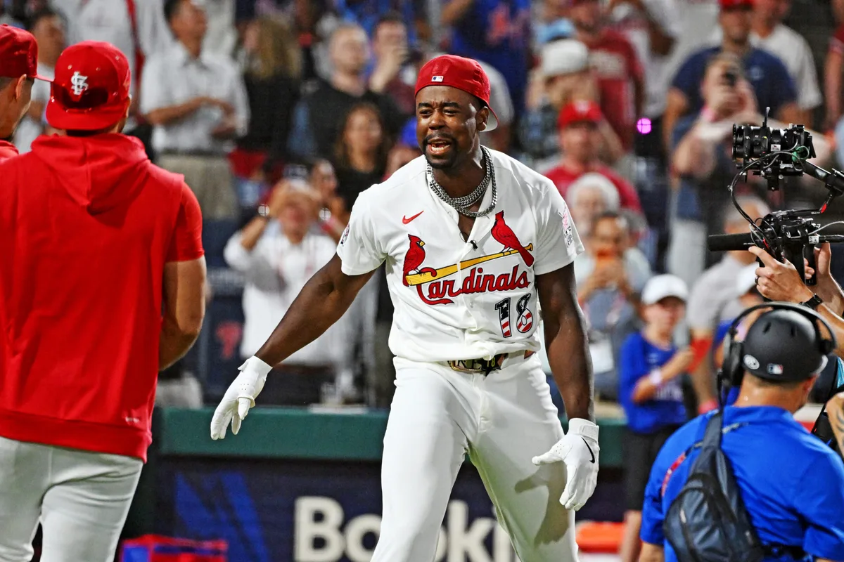 Jul 13, 2026; Philadelphia, PA, USA; St. Louis Cardinals right fielder Jordan Walker (18) celebrates after winning the home run derby at Citizens Bank Park. Mandatory Credit: Eric Hartline-Imagn Images