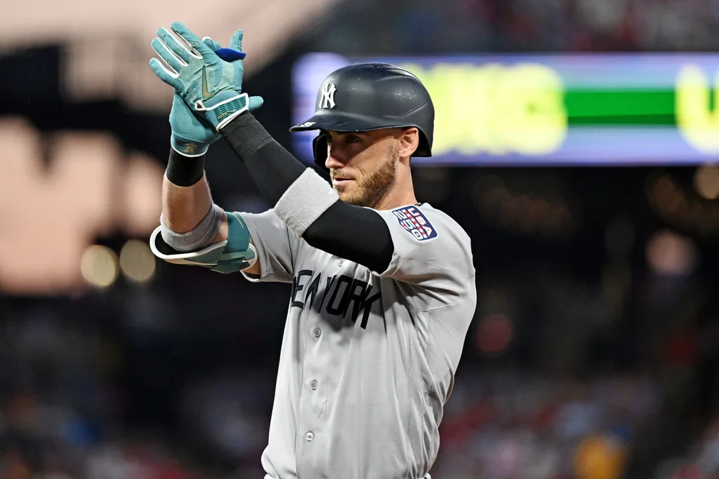 Jul 14, 2026; Philadelphia, Pennsylvania, USA; American League New York Yankees center fielder Cody Bellinger (35) celebrates after a two RBI single during the first inning against the National League at Citizens Bank Park. Mandatory Credit: Eric Hartline-Imagn Images