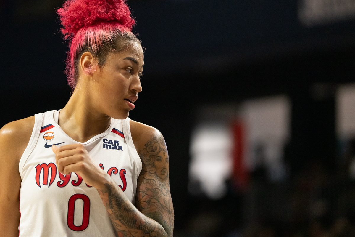 Jul 12, 2026; Washington, District of Columbia, USA; Washington Mystics center Shakira Austin (0) looks on against the Seattle Storm during the third quarter at CareFirst Arena. Mandatory Credit: Jamie LeBlanc-Imagn Images
