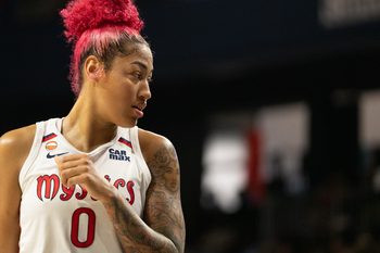 Jul 12, 2026; Washington, District of Columbia, USA; Washington Mystics center Shakira Austin (0) looks on against the Seattle Storm during the third quarter at CareFirst Arena. Mandatory Credit: Jamie LeBlanc-Imagn Images