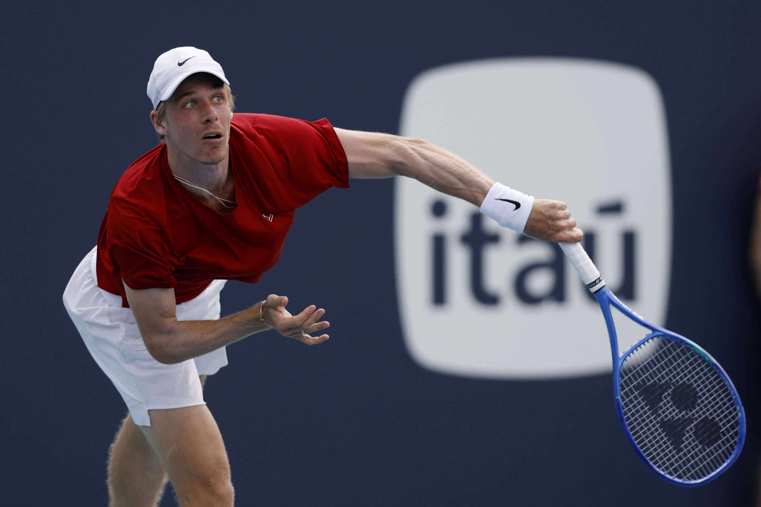 Mar 24, 2025; Miami, FL, USA; Denis Shapovalov (CAN) serves against Taylor Fritz (USA)(not pictured) on day seven of the Miami Open at Hard Rock Stadium. Mandatory Credit: Geoff Burke-Imagn Images