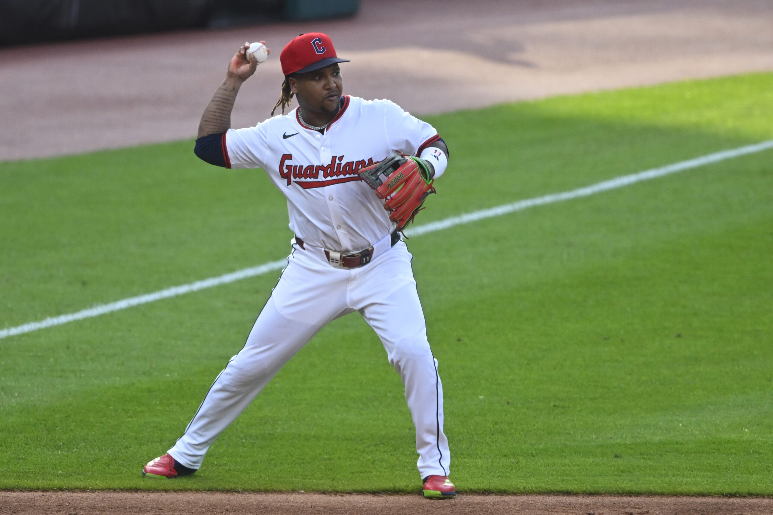 Jun 24, 2025; Cleveland, Ohio, USA; Cleveland Guardians third baseman Jose Ramirez (11) throws to second base in the third inning against the Toronto Blue Jays at Progressive Field. Mandatory Credit: David Richard-Imagn Images