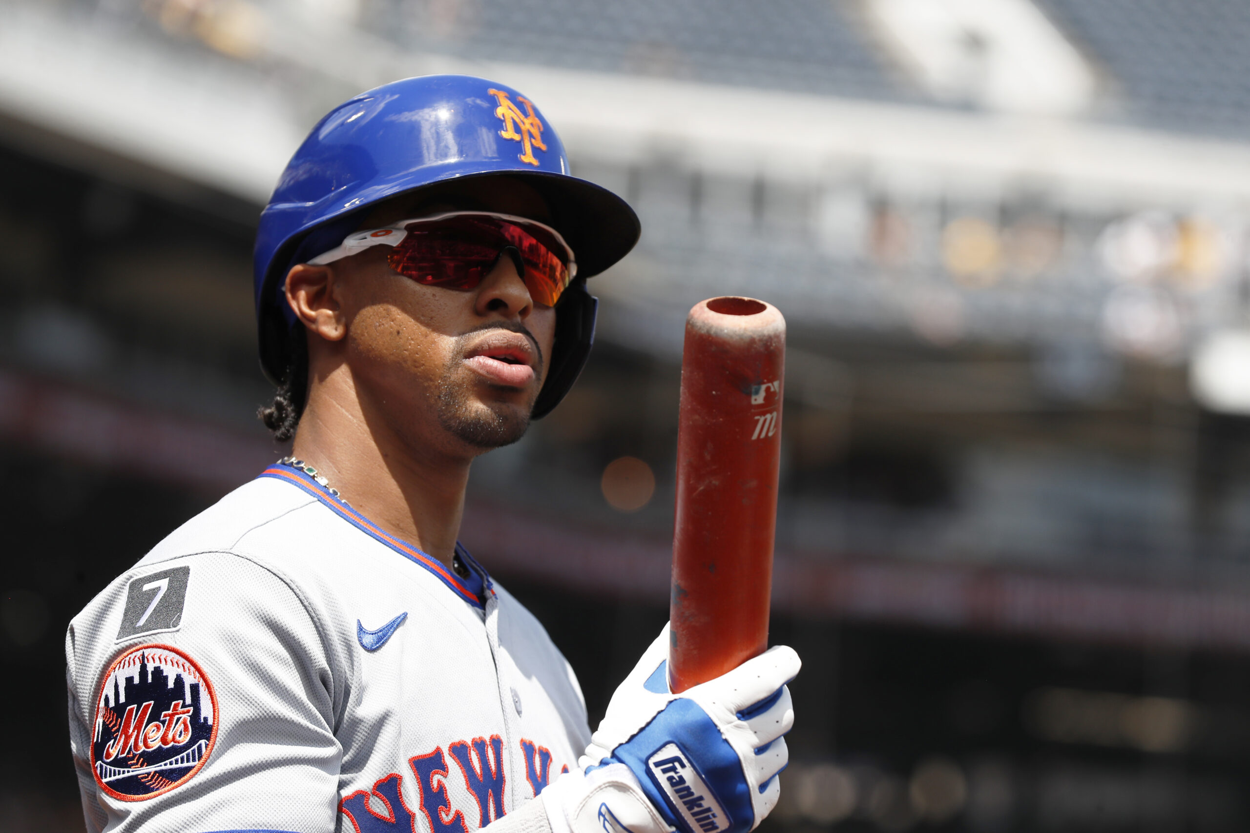 Jun 29, 2025; Pittsburgh, Pennsylvania, USA;  New York Mets shortstop Francisco Lindor (12) in the on-deck circle against the Pittsburgh Pirates during the fifth inning at PNC Park. Mandatory Credit: Charles LeClaire-Imagn Images