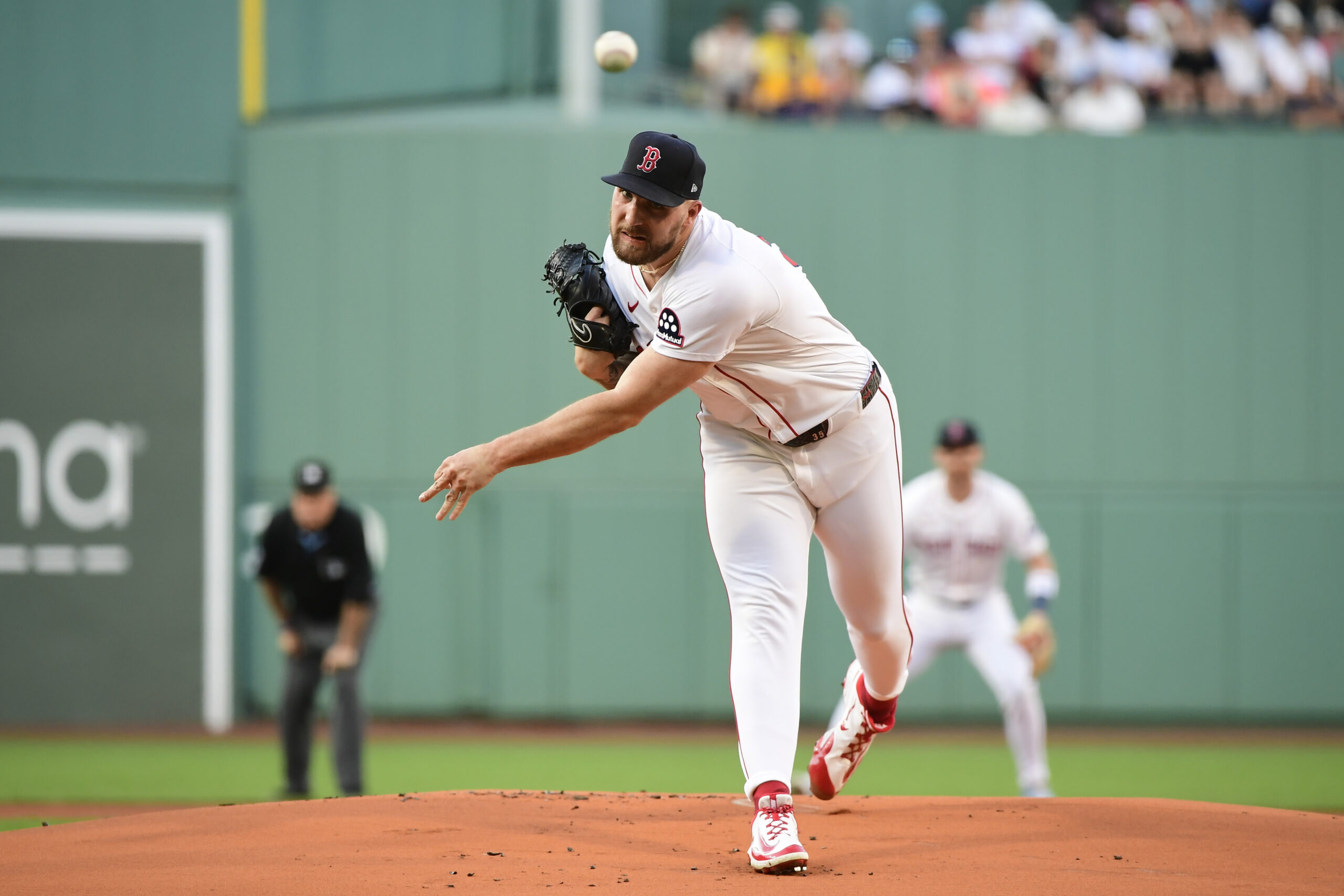 Jun 30, 2025; Boston, Massachusetts, USA;  Boston Red Sox starting pitcher Garrett Crochet (35) pitches during the first against the Cincinnati Reds at Fenway Park. Mandatory Credit: Bob DeChiara-Imagn Images