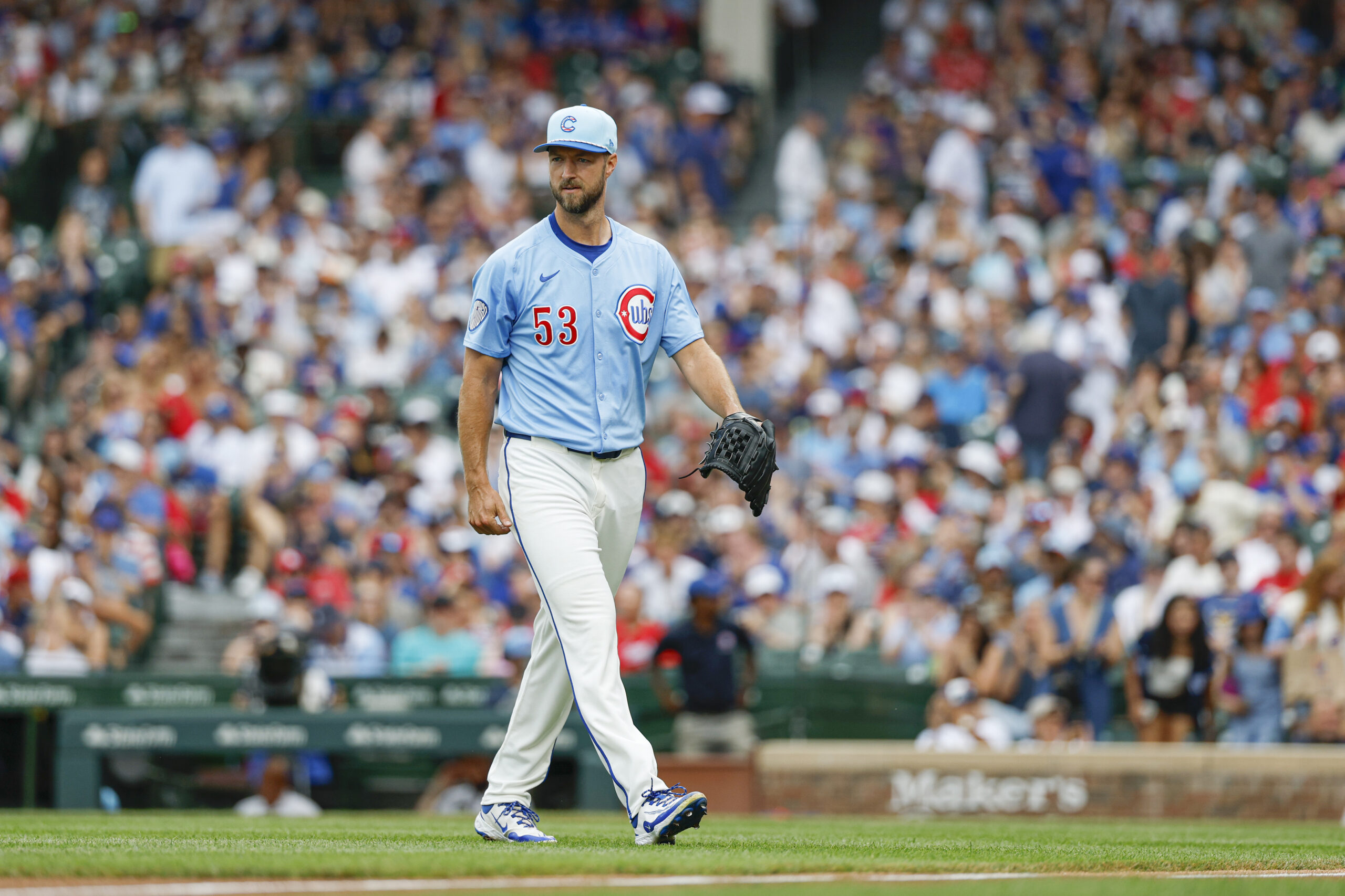 Jul 4, 2025; Chicago, Illinois, USA; Chicago Cubs starting pitcher Colin Rea (53) walks back to the dugout after pitching against the St. Louis Cardinals during the first inning at Wrigley Field. Mandatory Credit: Kamil Krzaczynski-Imagn Images