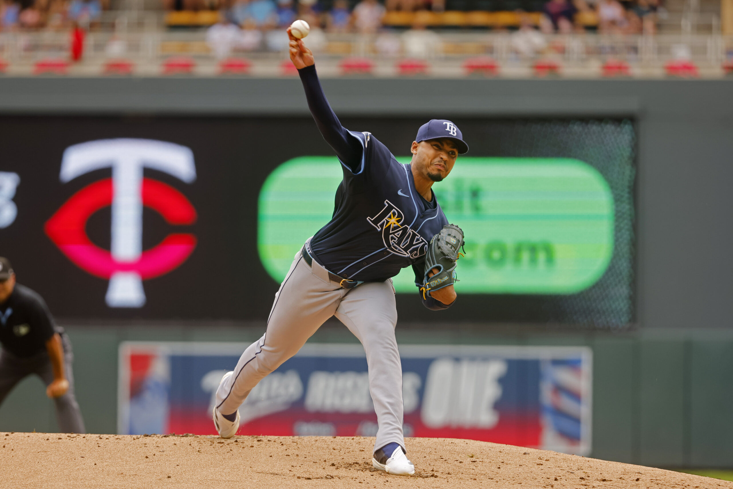 Jul 5, 2025; Minneapolis, Minnesota, USA; Tampa Bay Rays starting pitcher Taj Bradley (45) throws to the Minnesota Twins in the first inning at Target Field. Mandatory Credit: Bruce Kluckhohn-Imagn Images