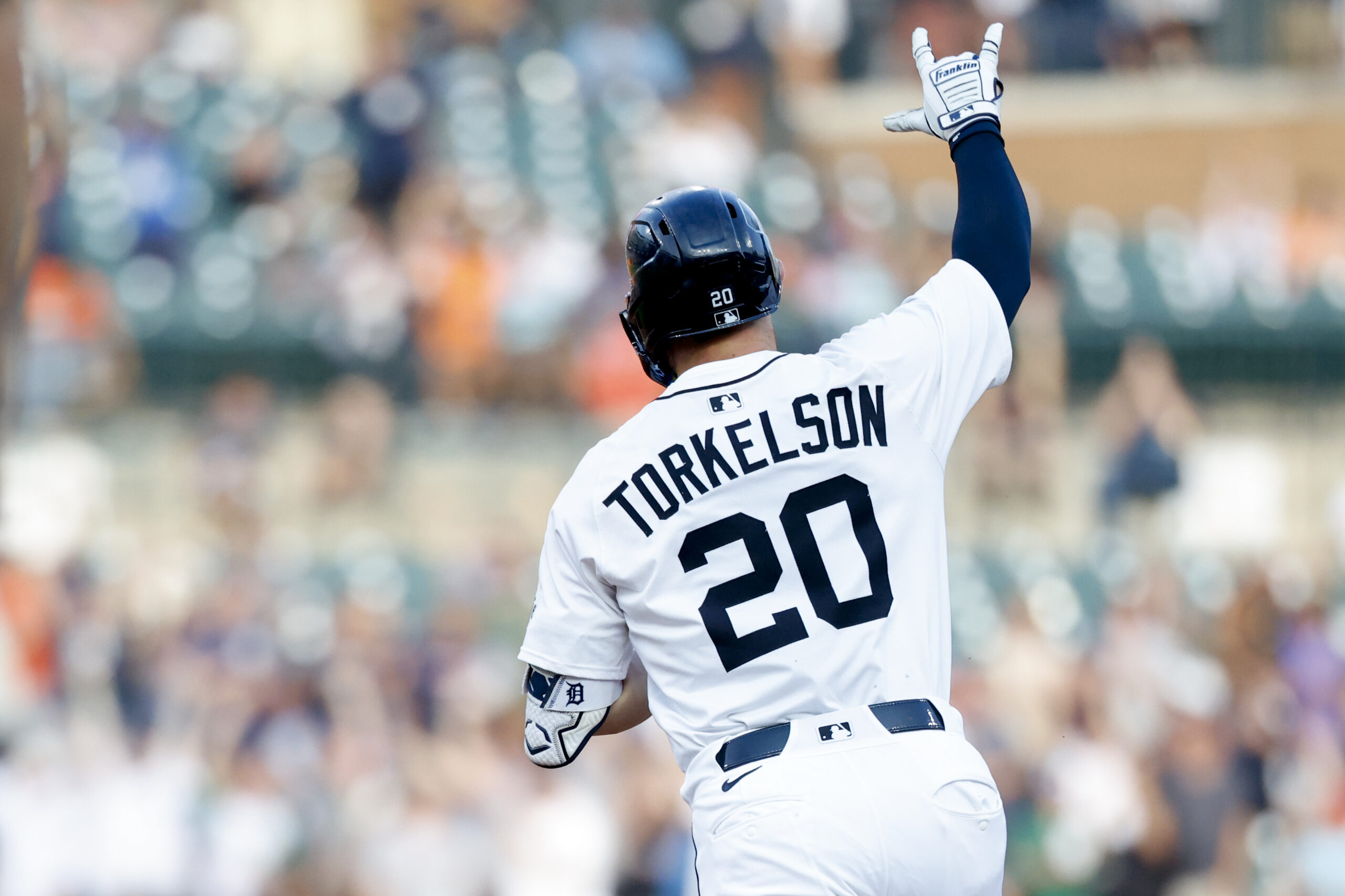 Jul 8, 2025; Detroit, Michigan, USA; Detroit Tigers first baseman Spencer Torkelson (20) celebrates after he hits a home run in the fourth inning against the Tampa Bay Rays at Comerica Park. Mandatory Credit: Rick Osentoski-Imagn Images