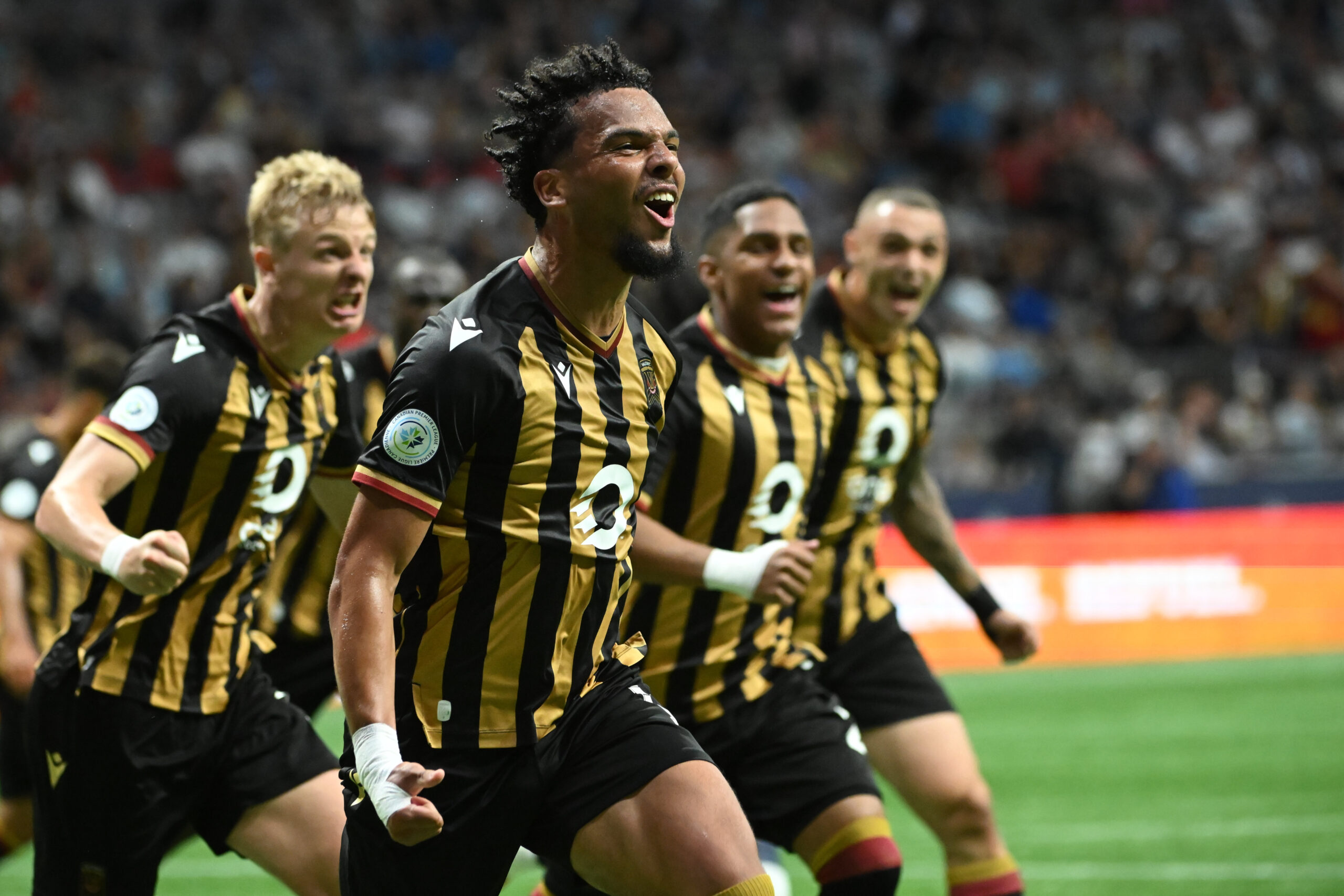 Jul 9, 2025; Vancouver, British Columbia, CAN;  Valour FC forward Jevontae Layne (19) celebrates scoring during the second half against the Vancouver Whitecaps FC at BC Place. Mandatory Credit: Simon Fearn-Imagn Images