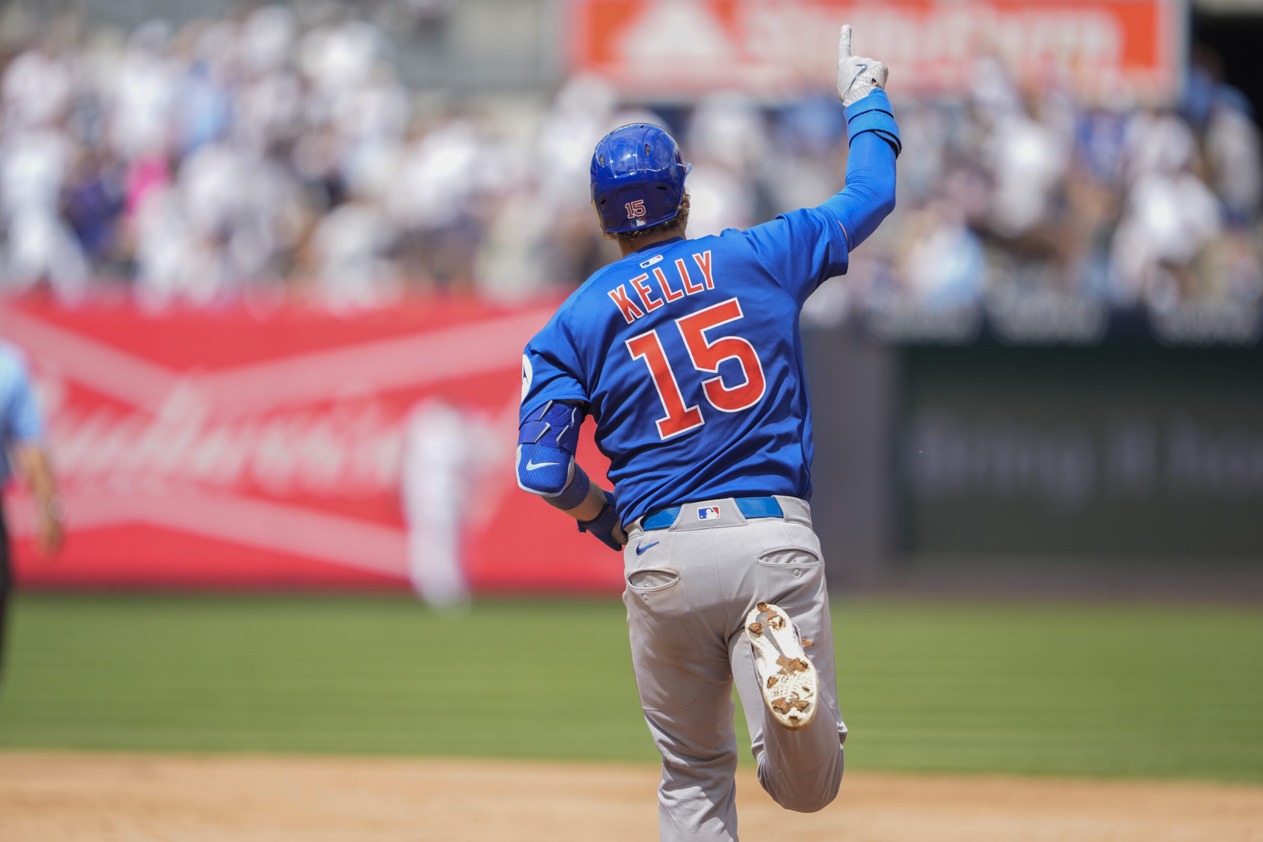 Jul 12, 2025; Bronx, New York, USA; Chicago Cubs catcher Carson Kelly (15) reacts to hitting a home run against the New York Yankees during the eighth inning at Yankee Stadium. Mandatory Credit: Gregory Fisher-Imagn Images