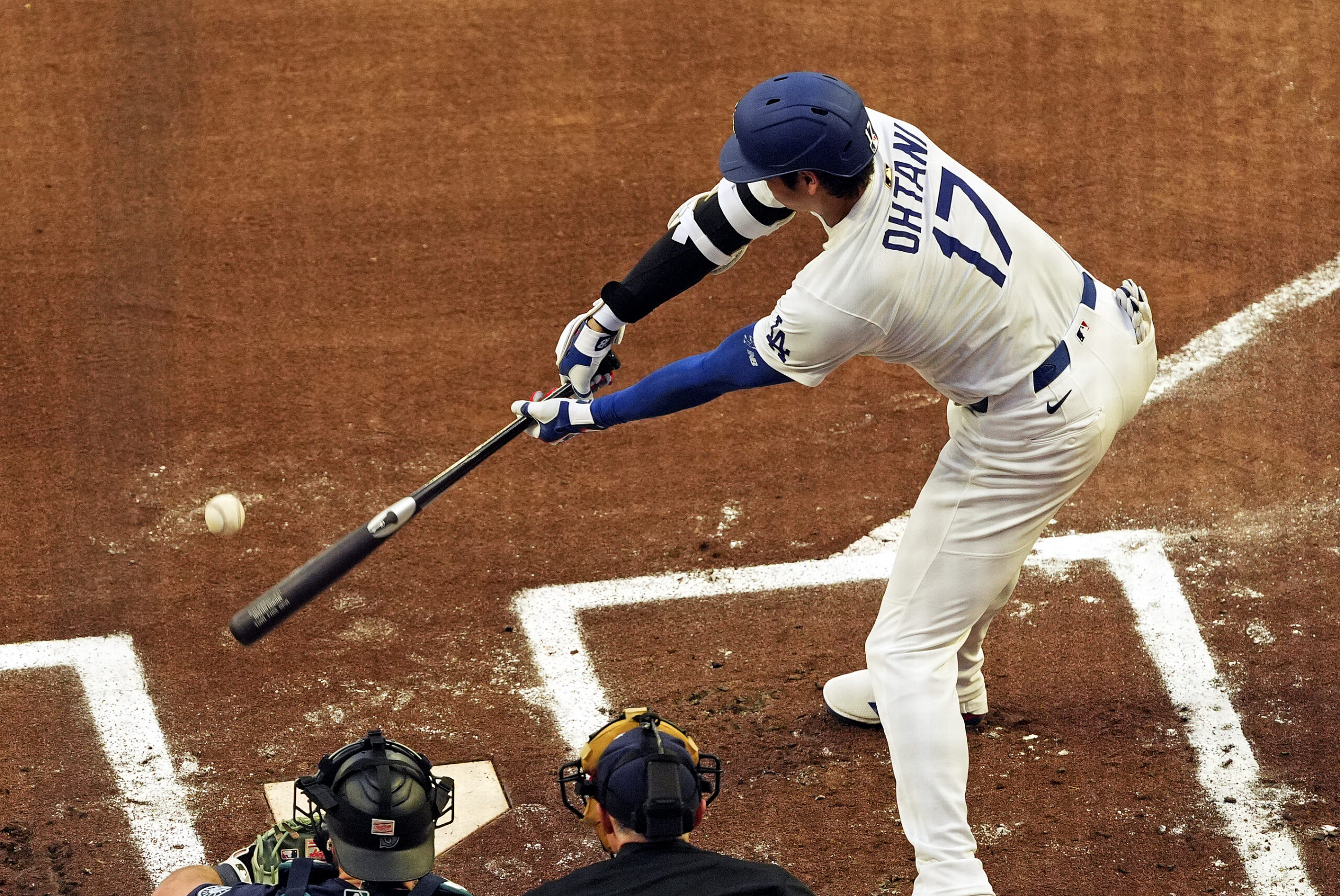 Jul 15, 2025; Cumberland, Georgia, USA; National League designated hitter Shohei Ohtani (17) of the Los Angeles Dodgers hits a single during the first inning during the 2025 MLB All Star Game at Truist Park. Mandatory Credit: Dale Zanine-Imagn Images