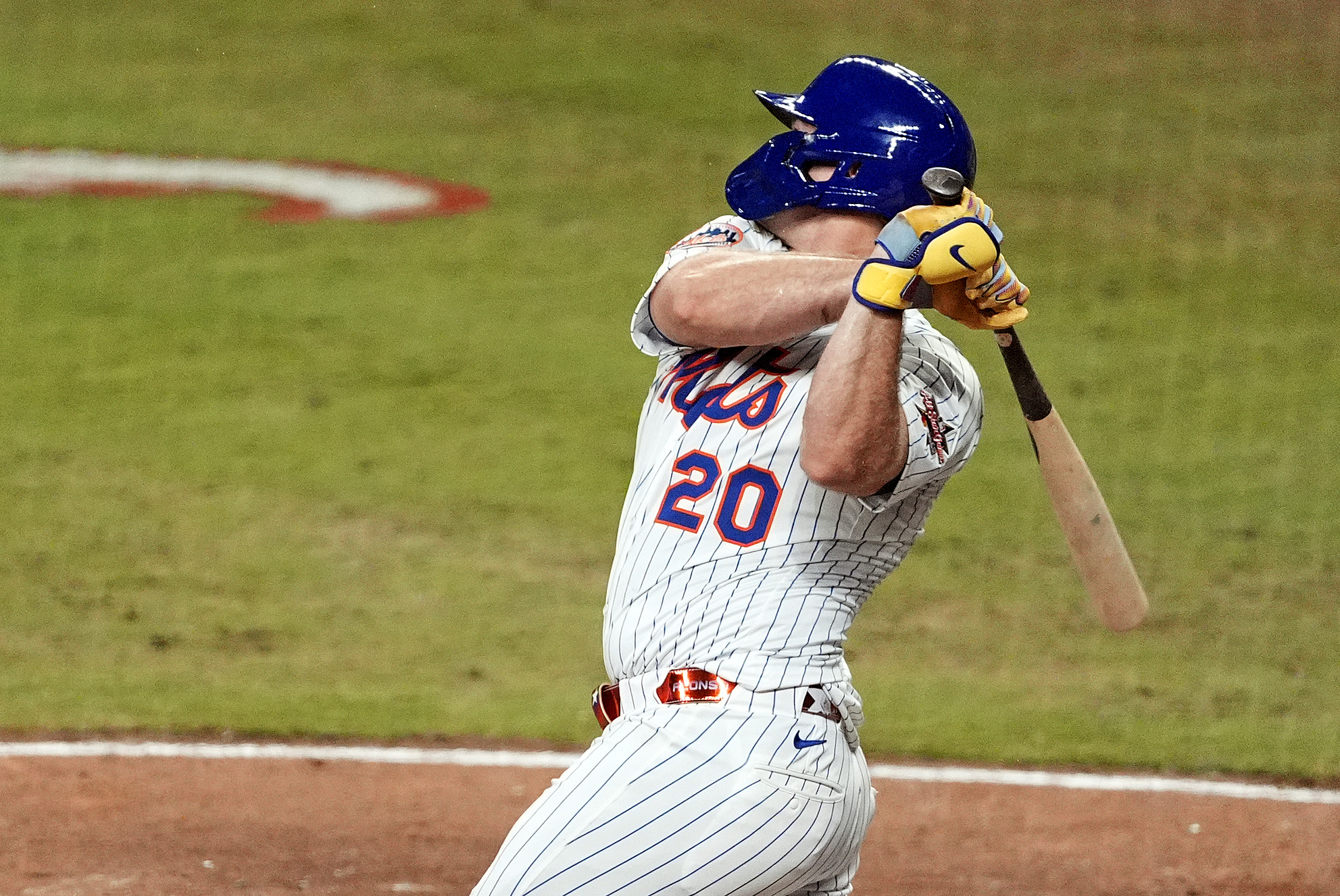 Jul 15, 2025; Cumberland, Georgia, USA; National League first baseman Pete Alonso (20) of the New York Mets hits a three run home run during the sixth inning during the 2025 MLB All Star Game at Truist Park. Mandatory Credit: Dale Zanine-Imagn Images