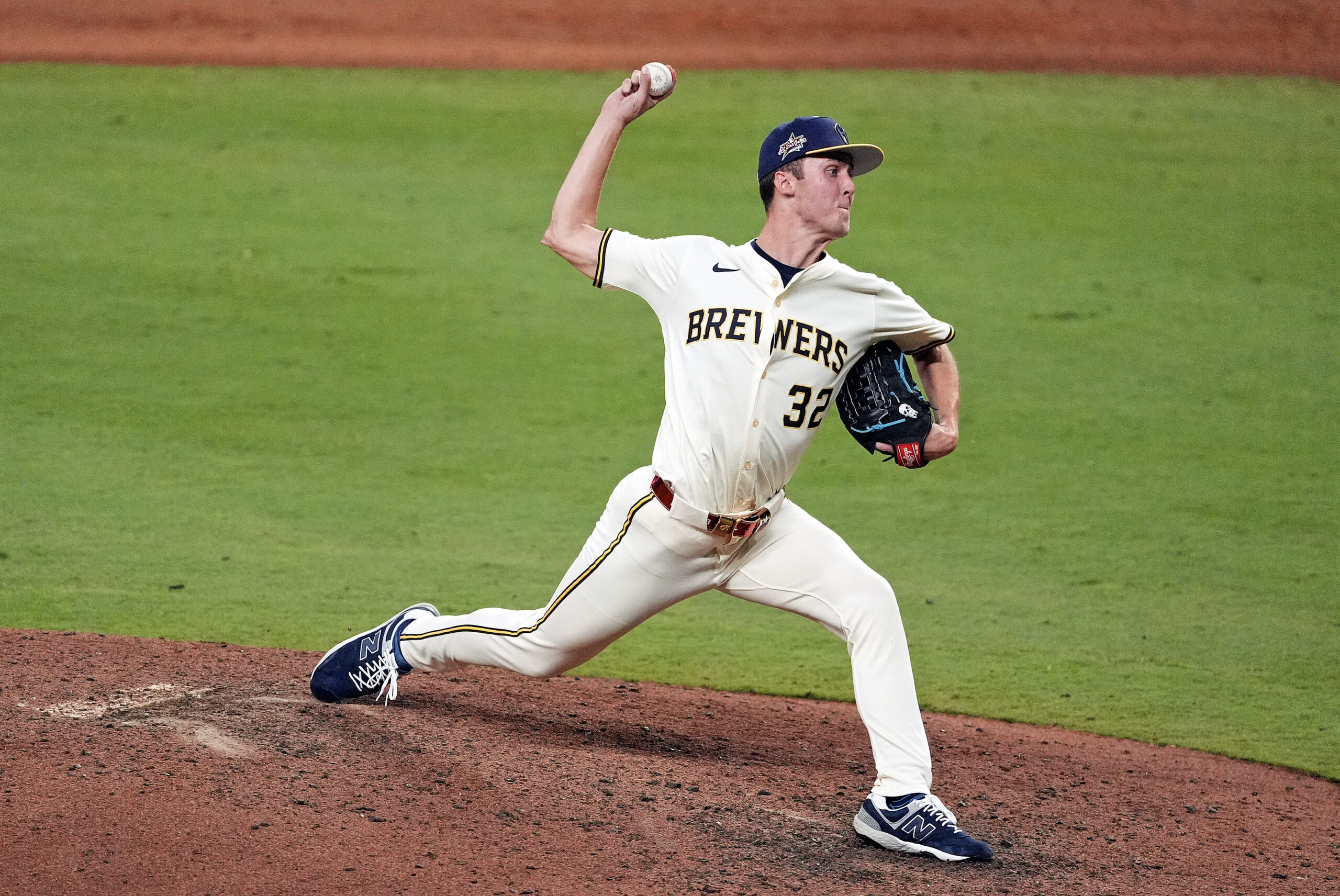 Jul 15, 2025; Cumberland, Georgia, USA; National League pitcher Jacob
Misiorowski of the Milwaukee Brewers pitches during the eighth inning during the 2025 MLB All Star Game at Truist Park. Mandatory Credit: Dale Zanine-Imagn Images