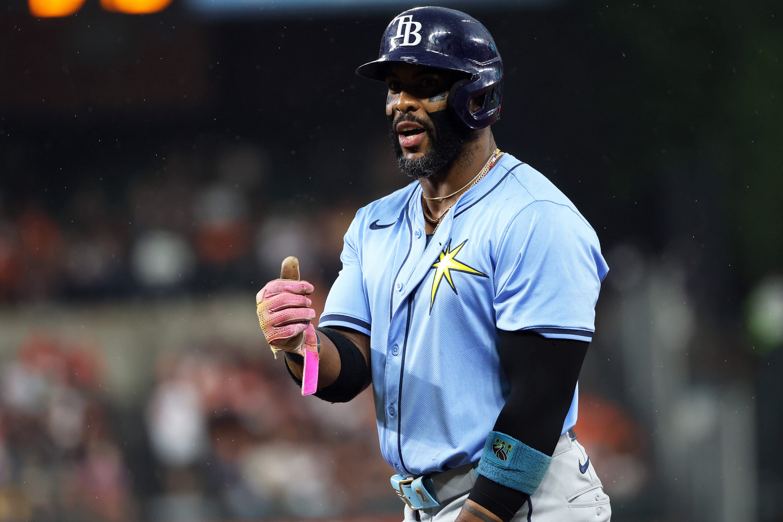 Jun 27, 2025; Baltimore, Maryland, USA; Tampa Bay Rays first baseman Yandy Diaz (2) celebrates after hitting a single during the fourth inning against the Baltimore Orioles at Oriole Park at Camden Yards. Mandatory Credit: Daniel Kucin Jr.-Imagn Images