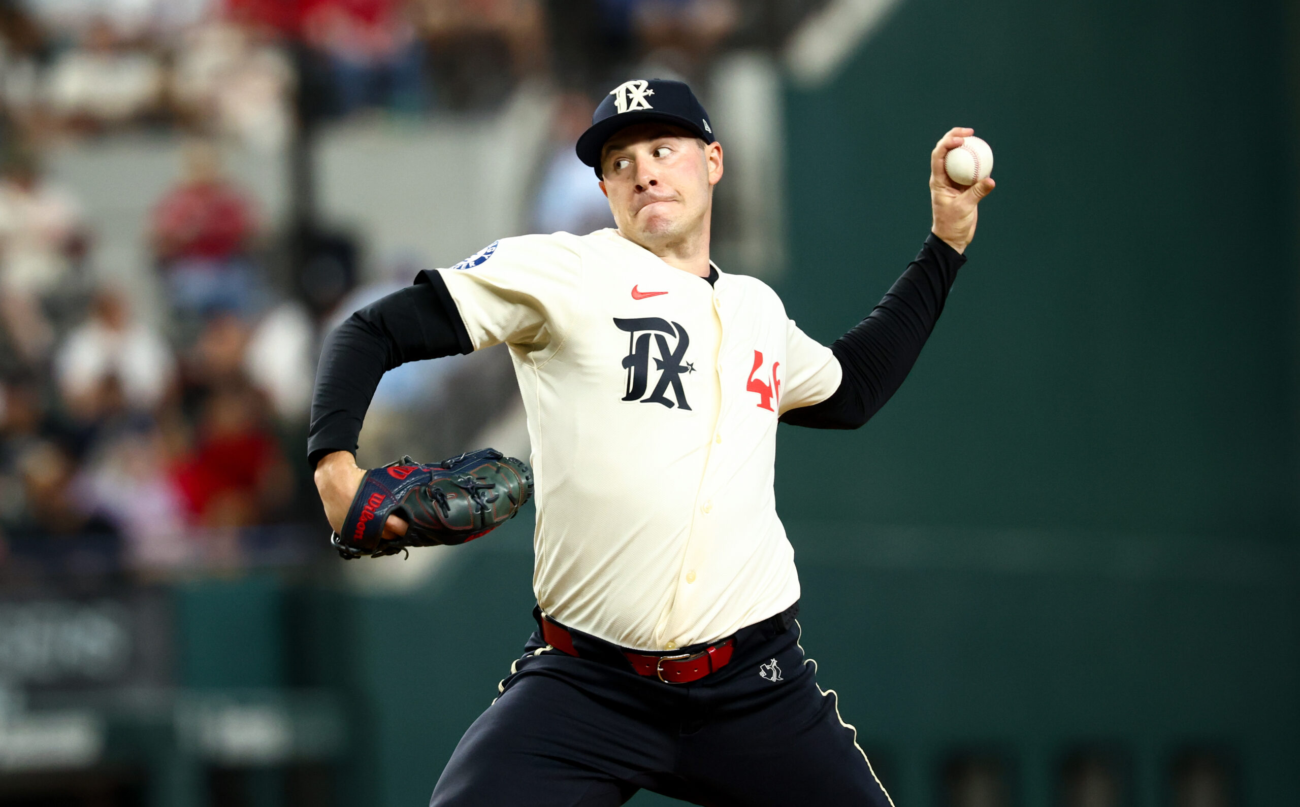 Jul 18, 2025; Arlington, Texas, USA; Texas Rangers starting pitcher Patrick Corbin (46) throws during the first inning against the Detroit Tigers at Globe Life Field. Mandatory Credit: Kevin Jairaj-Imagn Images