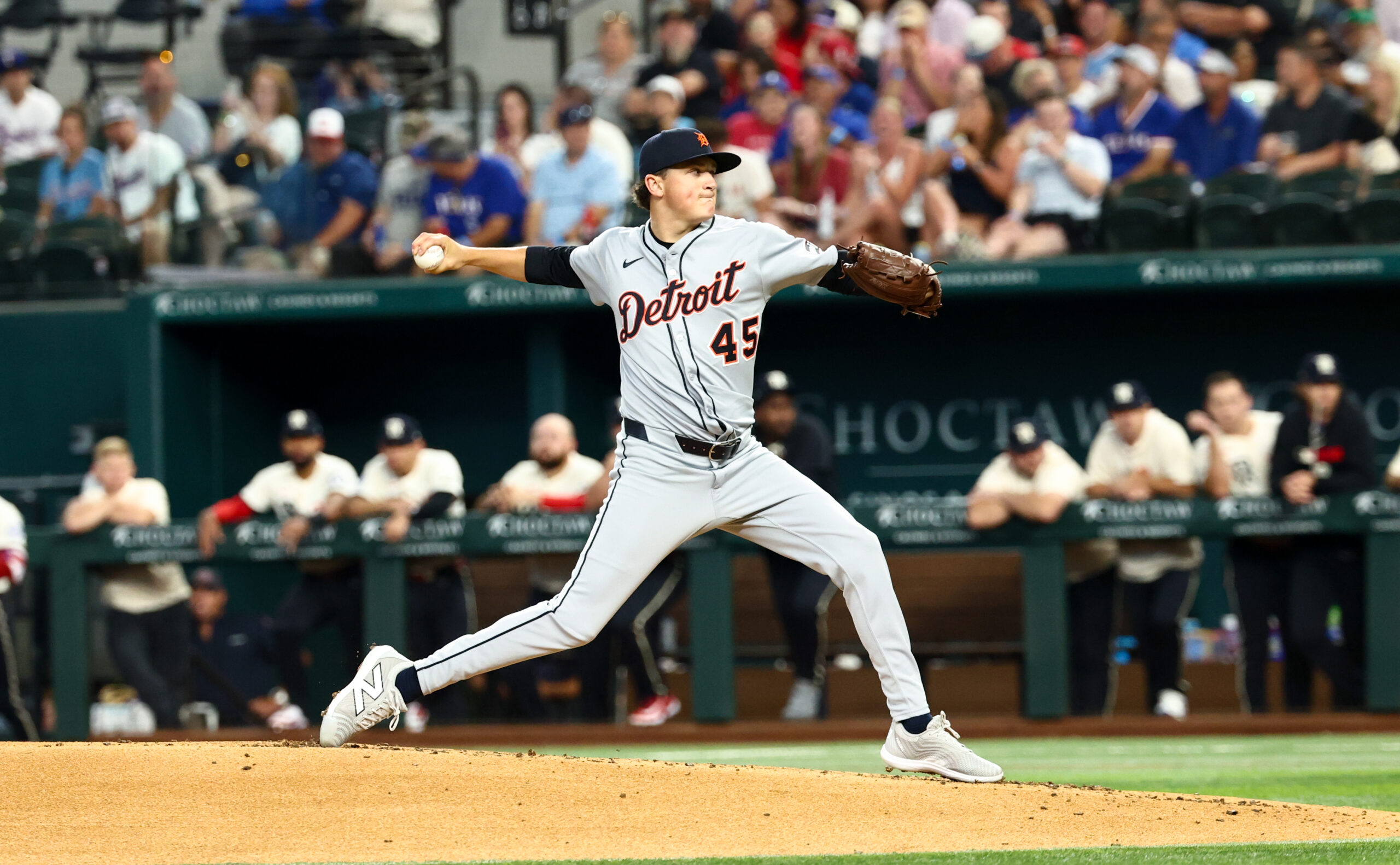 Jul 18, 2025; Arlington, Texas, USA; Detroit Tigers starting pitcher Reese Olson (45) throws during the first inning against the Texas Rangers at Globe Life Field. Mandatory Credit: Kevin Jairaj-Imagn Images
