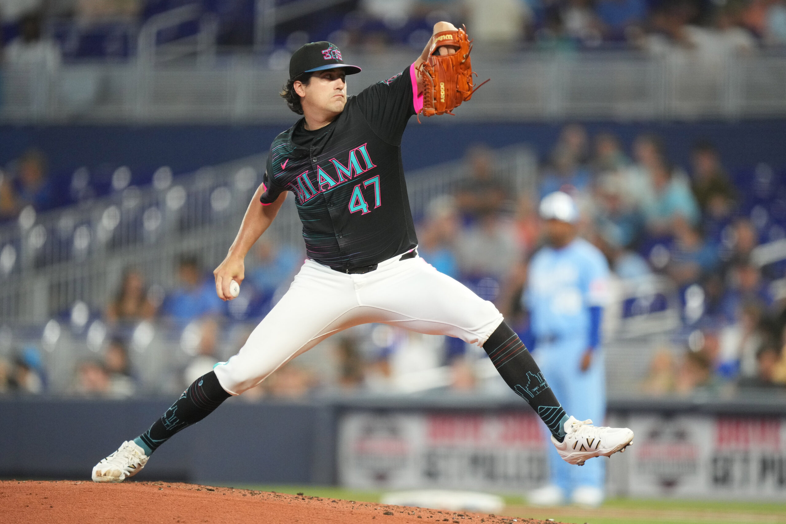 Jul 19, 2025; Miami, Florida, USA; Miami Marlins pitcher Cal Quantrill (47) pitches in the second inning against the Kansas City Royals at loanDepot Park. Mandatory Credit: Jim Rassol-Imagn Images