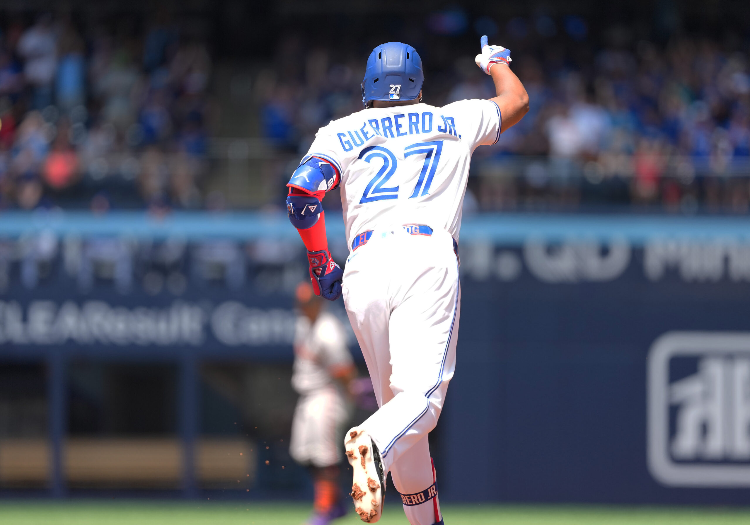Jul 20, 2025; Toronto, Ontario, CAN; Toronto Blue Jays first base Vladimir Guerrero Jr. (27) runs the bases after hitting a home run against the San Francisco Giants during the first inning at Rogers Centre. Mandatory Credit: Nick Turchiaro-Imagn Images