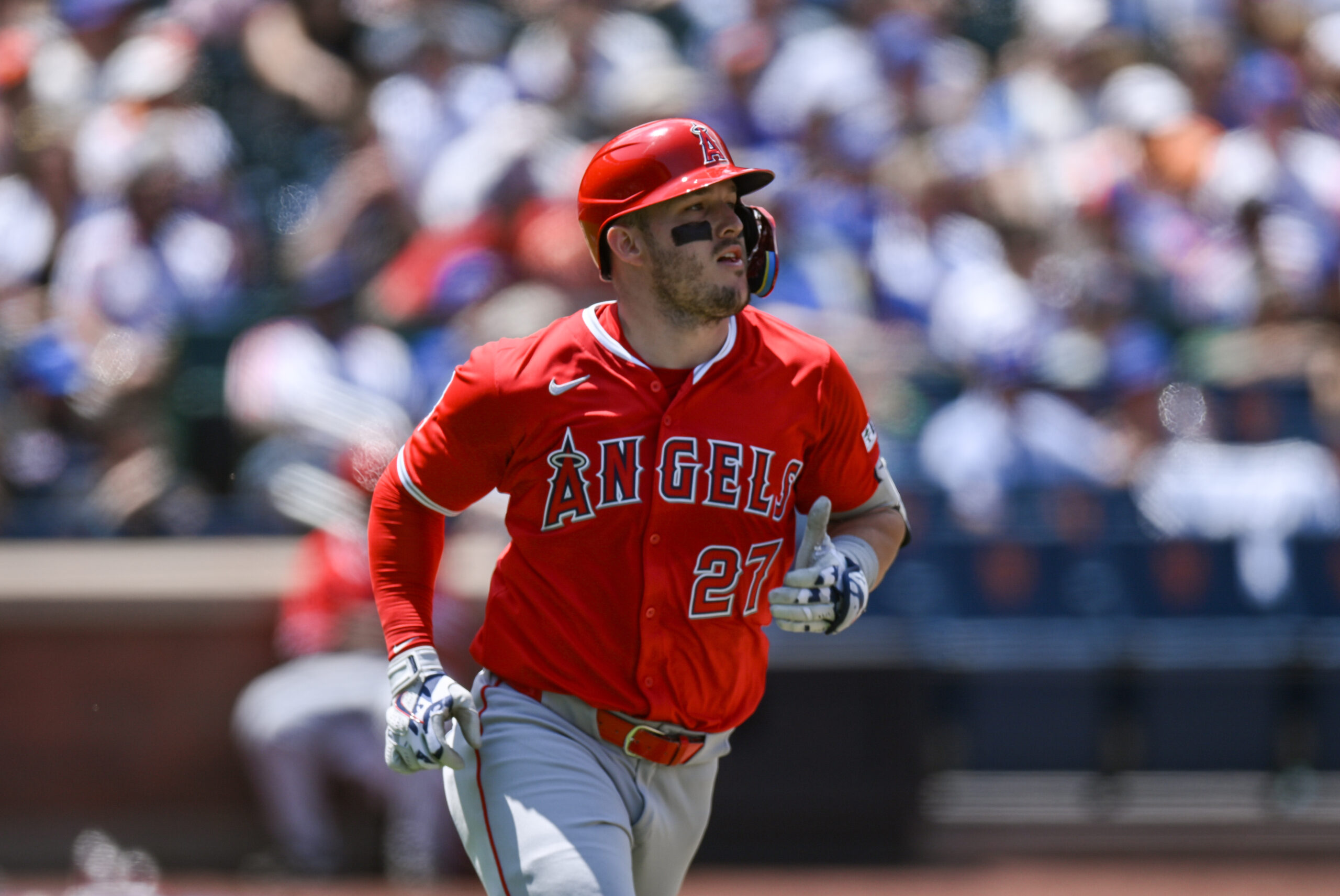 Jul 23, 2025; New York City, New York, USA; Los Angeles Angels outfielder Mike Trout (27) runs the bases after hitting a solo home run against the New York Mets during the third inning at Citi Field. Mandatory Credit: John Jones-Imagn Images