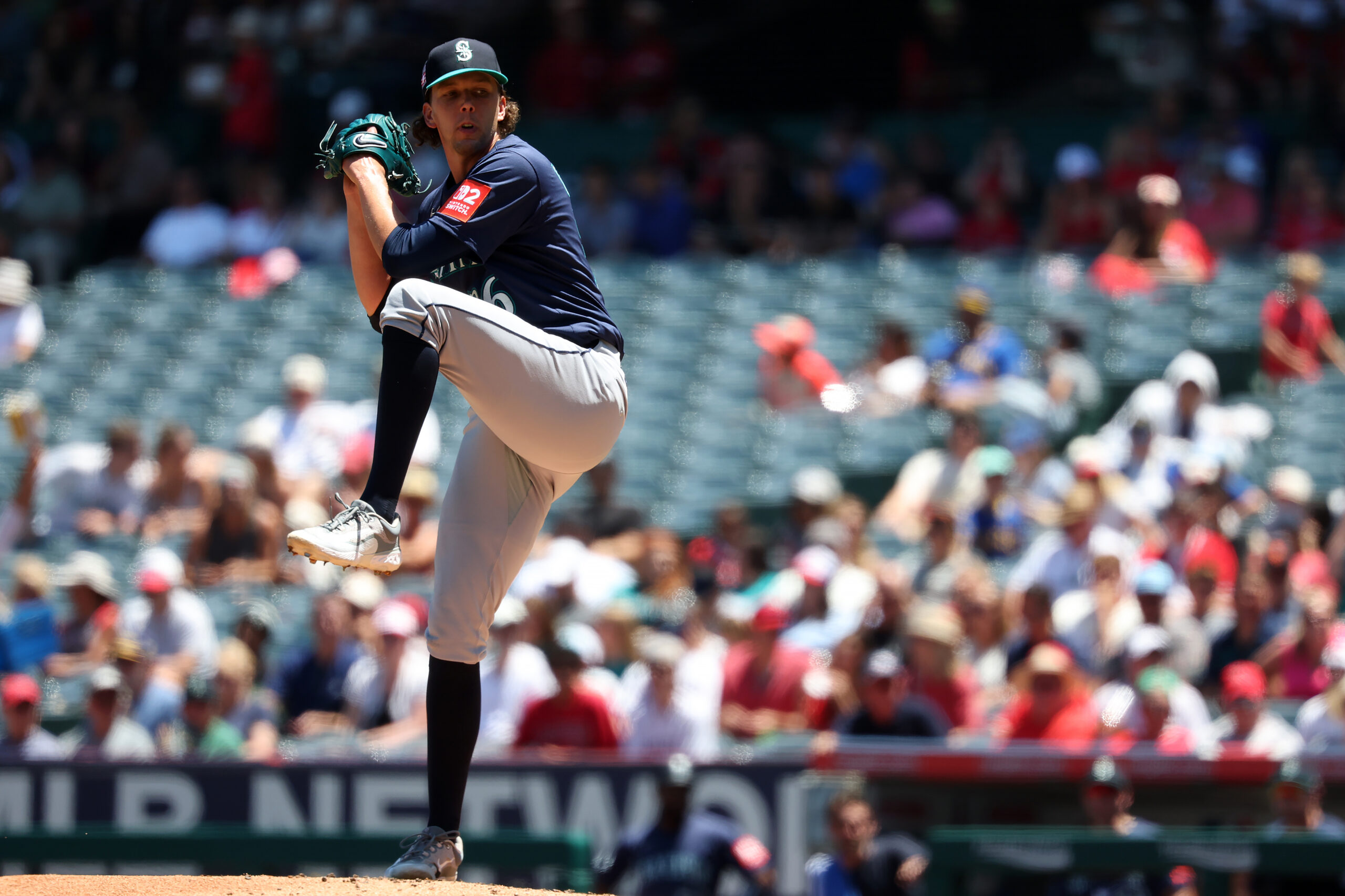 Jul 27, 2025; Anaheim, California, USA; Seattle Mariners starting pitcher Logan Gilbert (36) pitches during the second inning against the Los Angeles Angels at Angel Stadium. Mandatory Credit: Kiyoshi Mio-Imagn Images