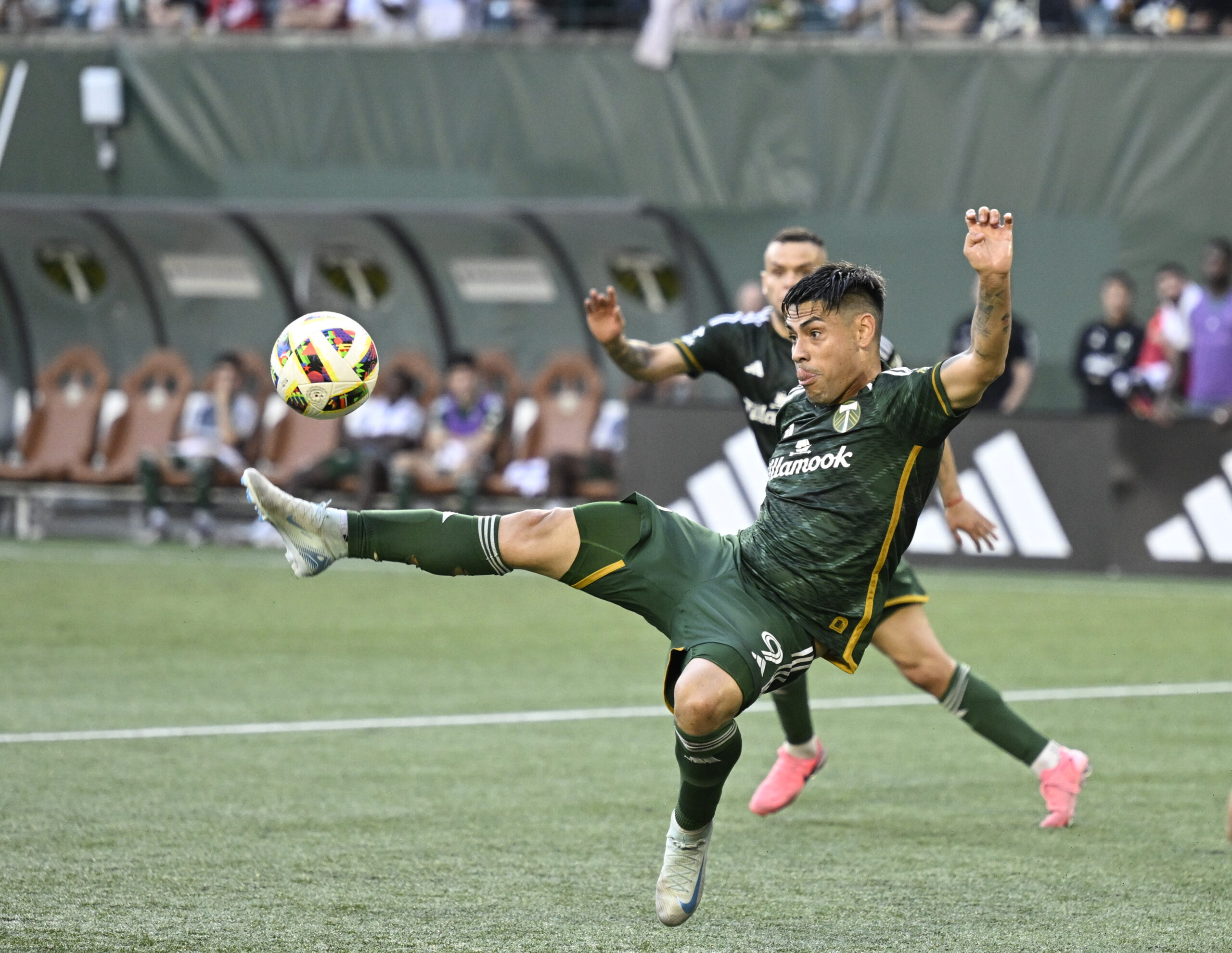 Oct 6, 2024; Portland, Oregon, USA; Portland Timbers forward Felipe Mora (9) kicks a shot on goal during the second half against FC Dallas at Providence Park. Mandatory Credit: Troy Wayrynen-Imagn Images