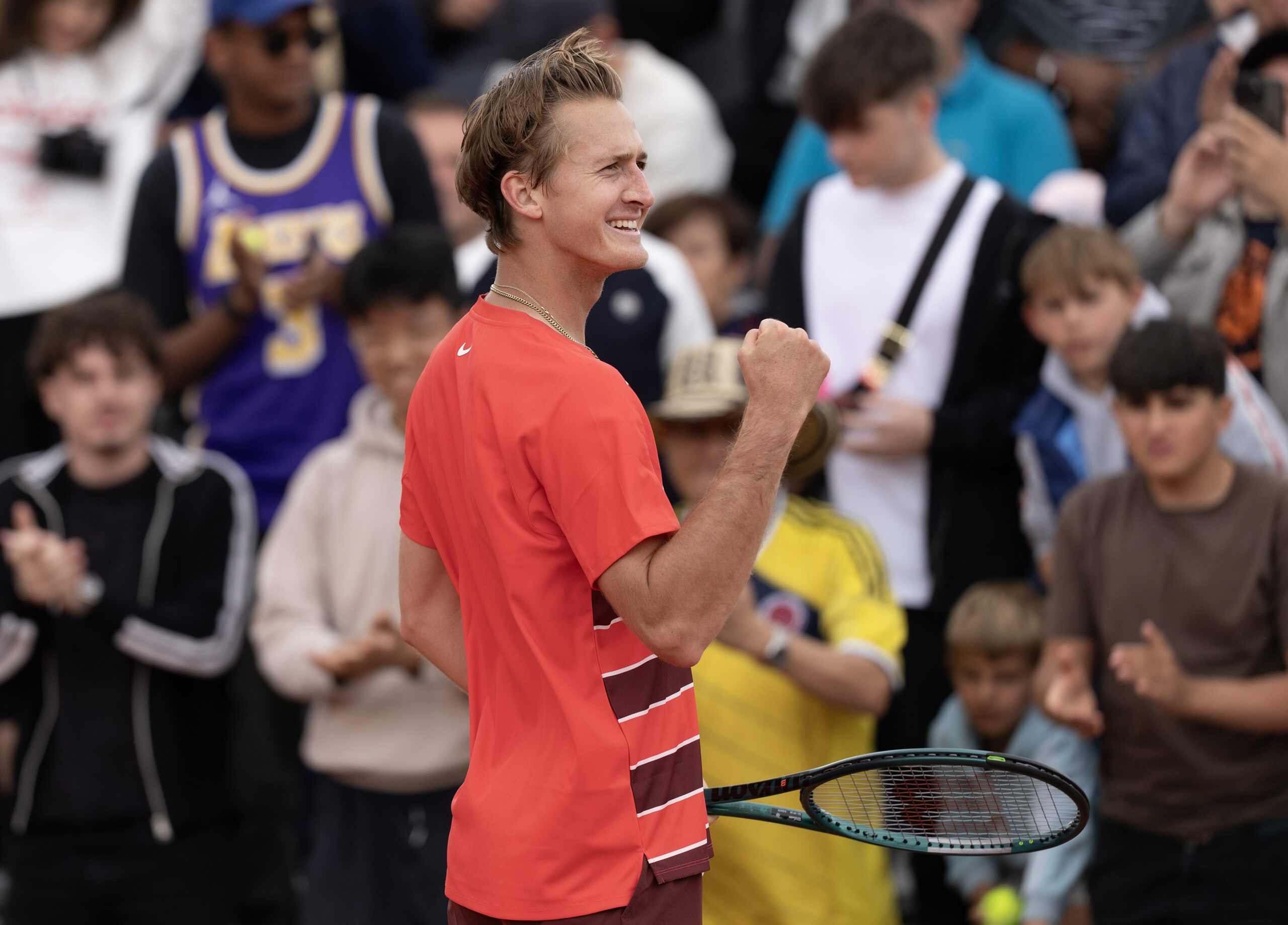 May 26, 2025; Paris, FR; Sebastian Korda of the United States celebrates winning his match against Luciano Darderi of Italy on day two at Roland Garros Stadium. Mandatory Credit: Susan Mullane-Imagn Images