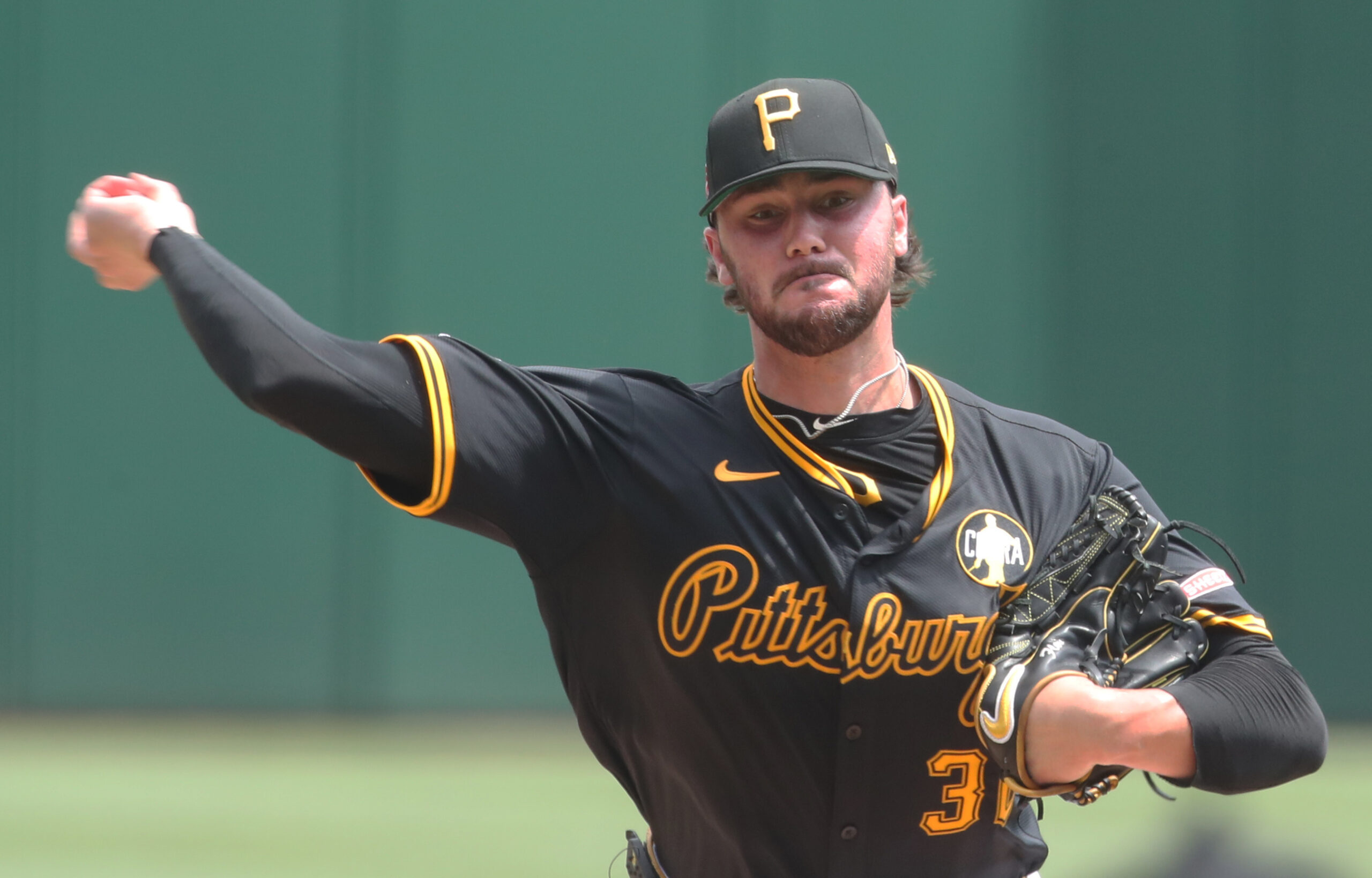 Jul 27, 2025; Pittsburgh, Pennsylvania, USA; Pittsburgh Pirates starting pitcher Paul Skenes (30) pitches against the Arizona Diamondbacks during the third inning at PNC Park. Mandatory Credit: Charles LeClaire-Imagn Images
