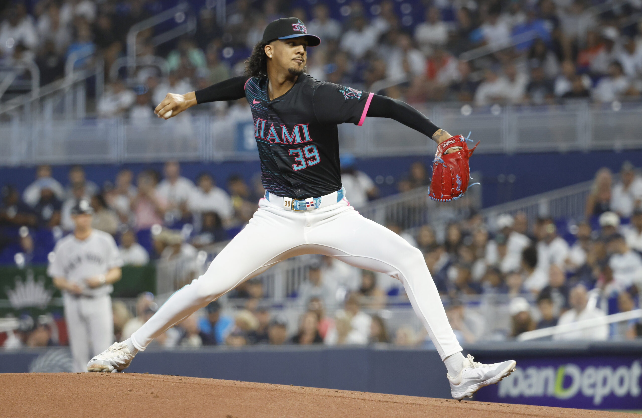 Aug 2, 2025; Miami, Florida, USA; Miami Marlins starting pitcher Eury Perez (39) pitches against the New York Yankees during the first inning at loanDepot Park. Mandatory Credit: Rhona Wise-Imagn Images