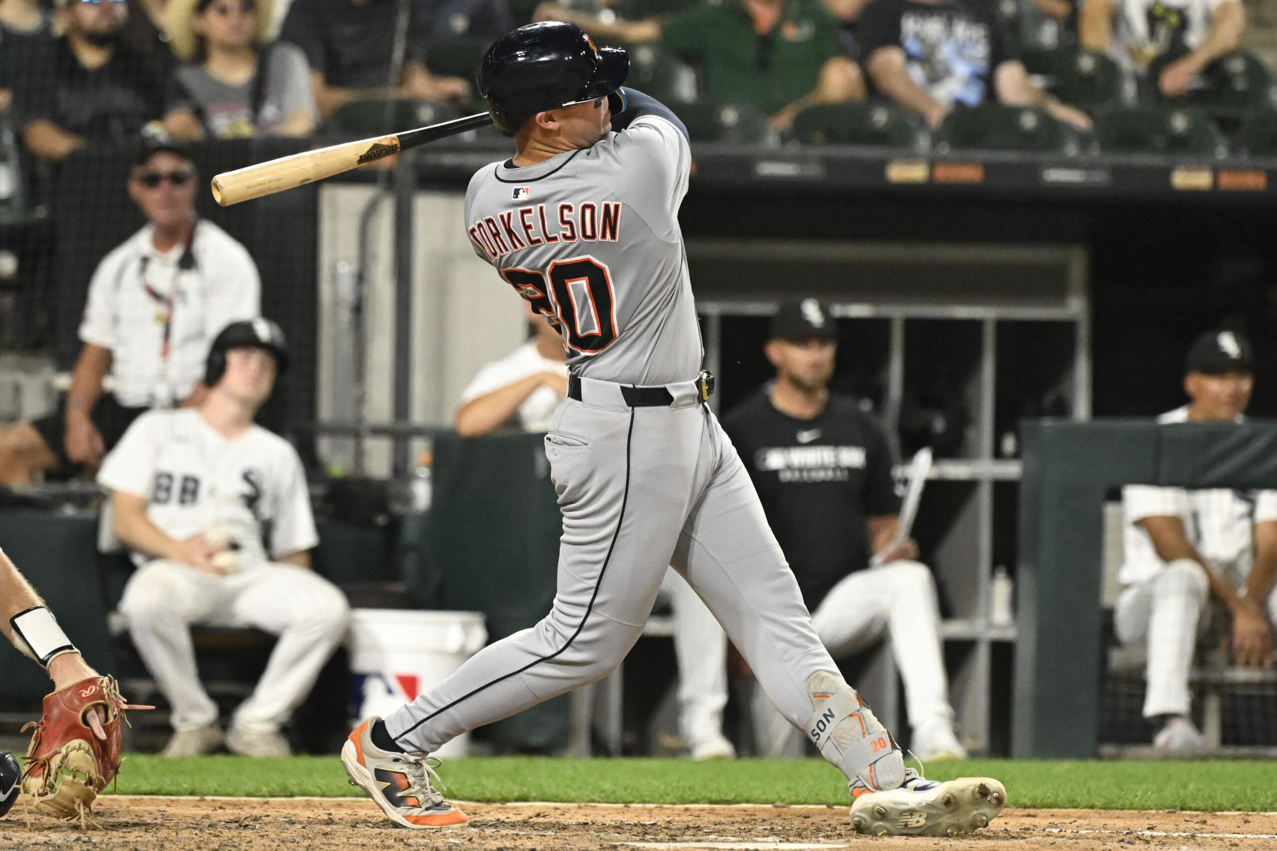 Aug 11, 2025; Chicago, Illinois, USA; Detroit Tigers first base Spencer Torkelson (20) hits a home run during the ninth inning against the Chicago White Sox at Rate Field. Mandatory Credit: Matt Marton-Imagn Images