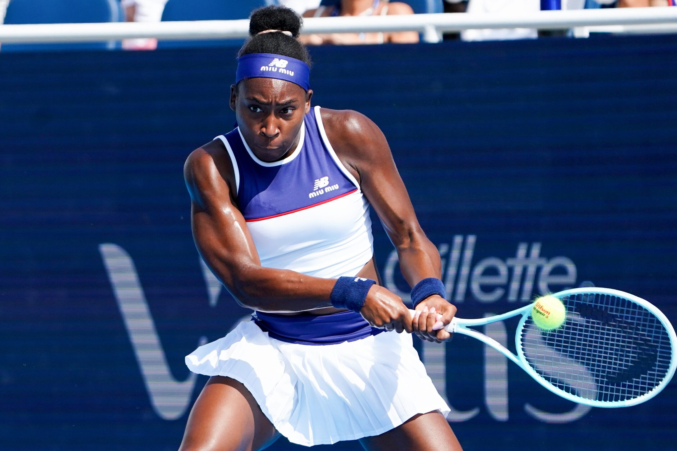 Coco Gauff returns a serve to Lucia Bronzetti in the Cincinnati Open fourth round match between Coco Gauff and Lucia Bronzetti, Thursday, Aug. 14, 2025, at the Lindner Family Tennis Center in Mason. Gauff won 6-2, 6-4.