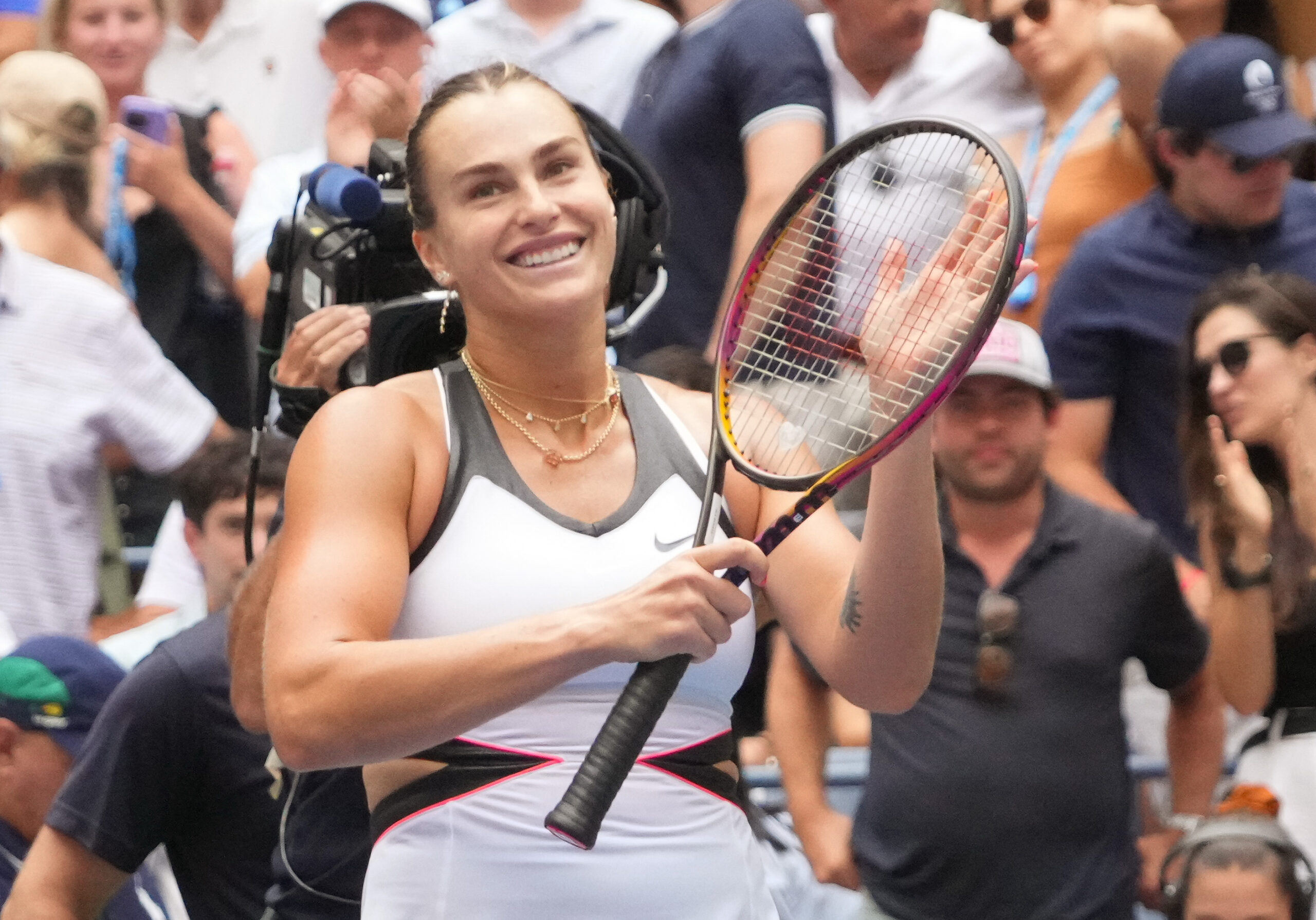 Aug 24, 2025; Flushing, NY, USA;  Aryna Sabalenka after beating Rebeka Masarova of Switzerland on day one of the 2025 U.S. Open tennis tournament at the USTA Billie Jean King National Tennis Center. Mandatory Credit: Robert Deutsch-Imagn Images