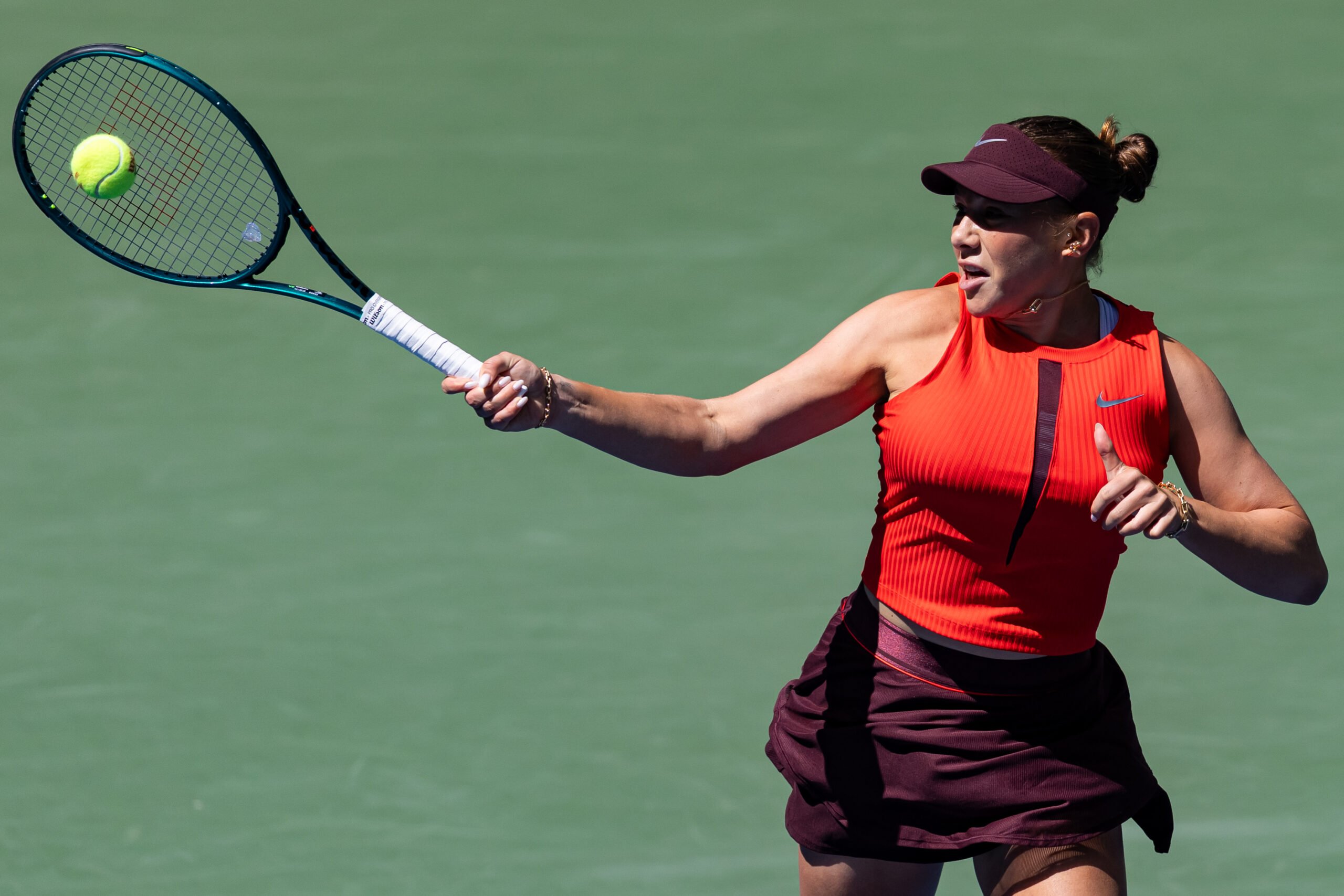 Aug 26, 2025; Flushing, NY, USA; Amanda Anisimova of the United States in action against Kimberly Birrell of Australia in the first round of the womenÃs singles at the US Open at Louis Armstrong Stadium in Billie Jean King National Tennis Centre. Mandatory Credit: Mike Frey-Imagn Images